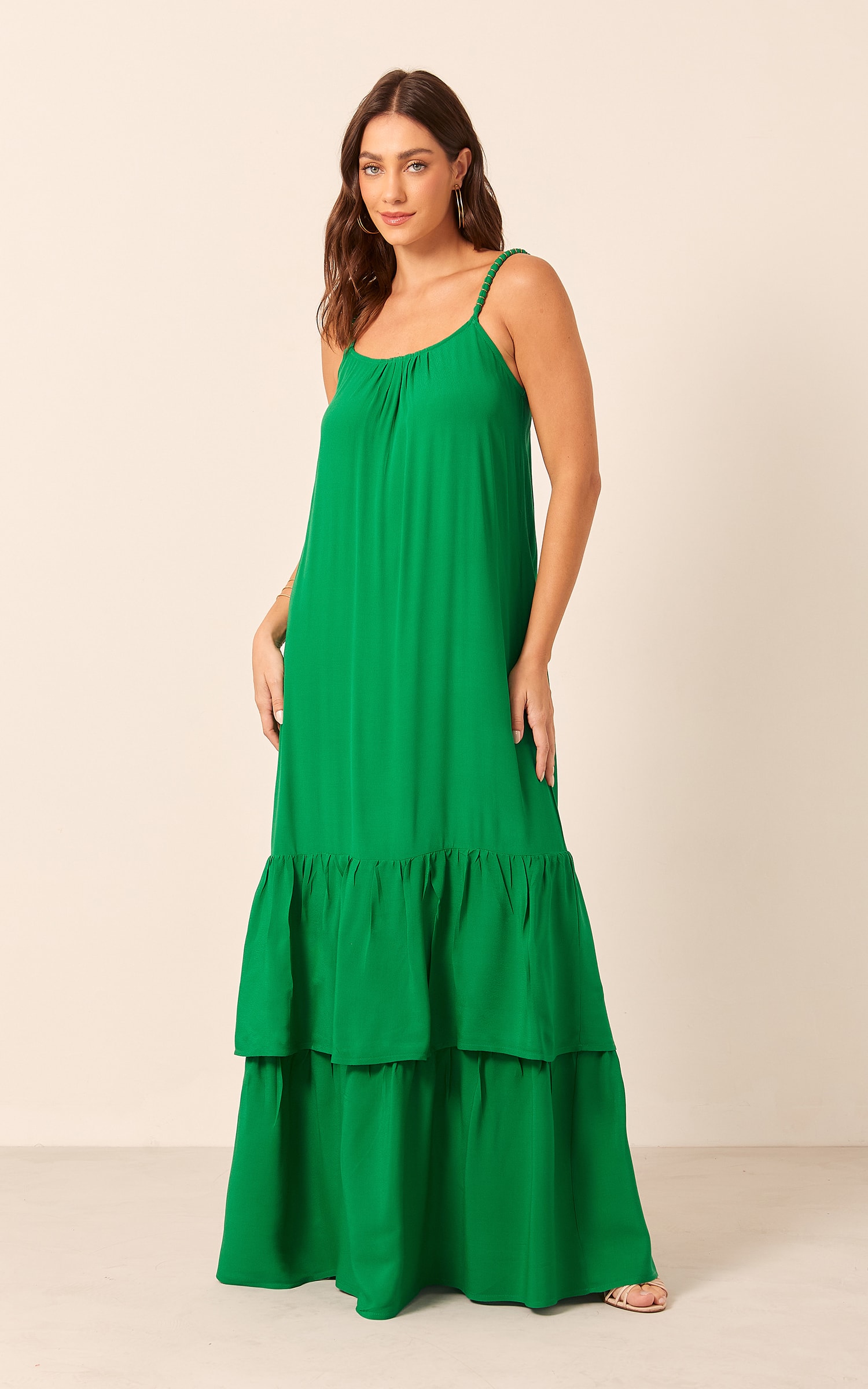 Vestido Longo Detalhe Alça Verde Bandeira