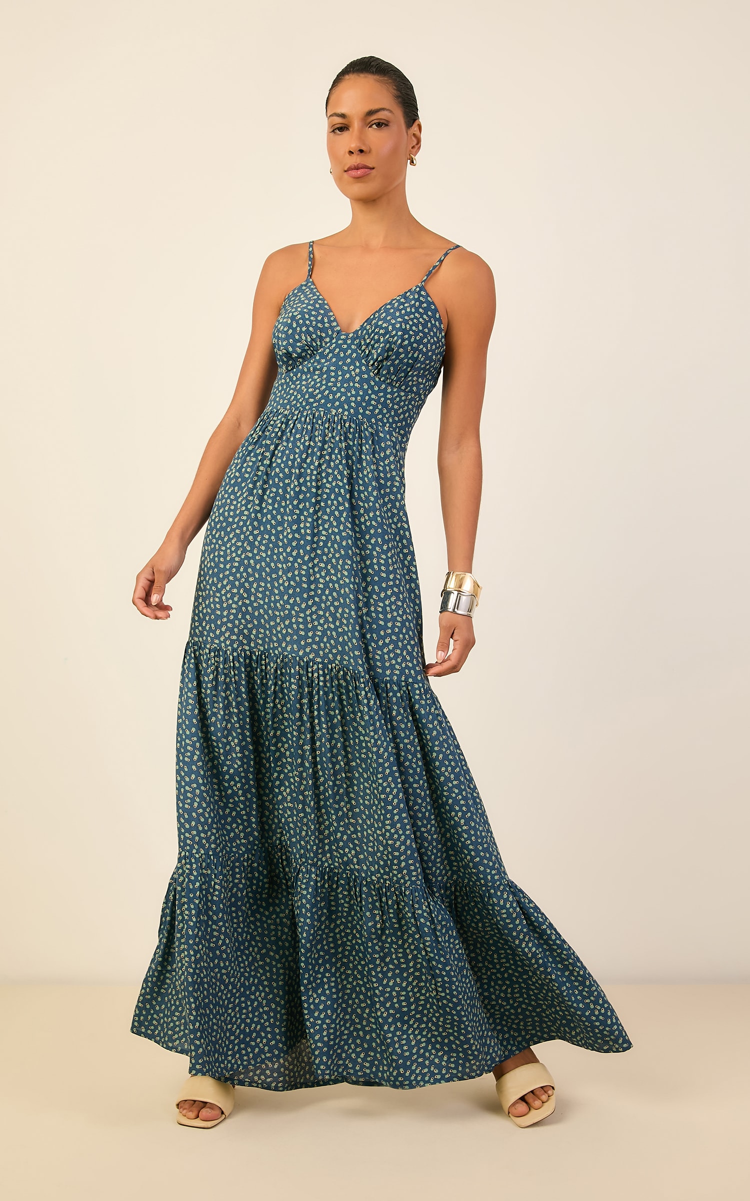 Vestido Longo Gravura Azul Denim