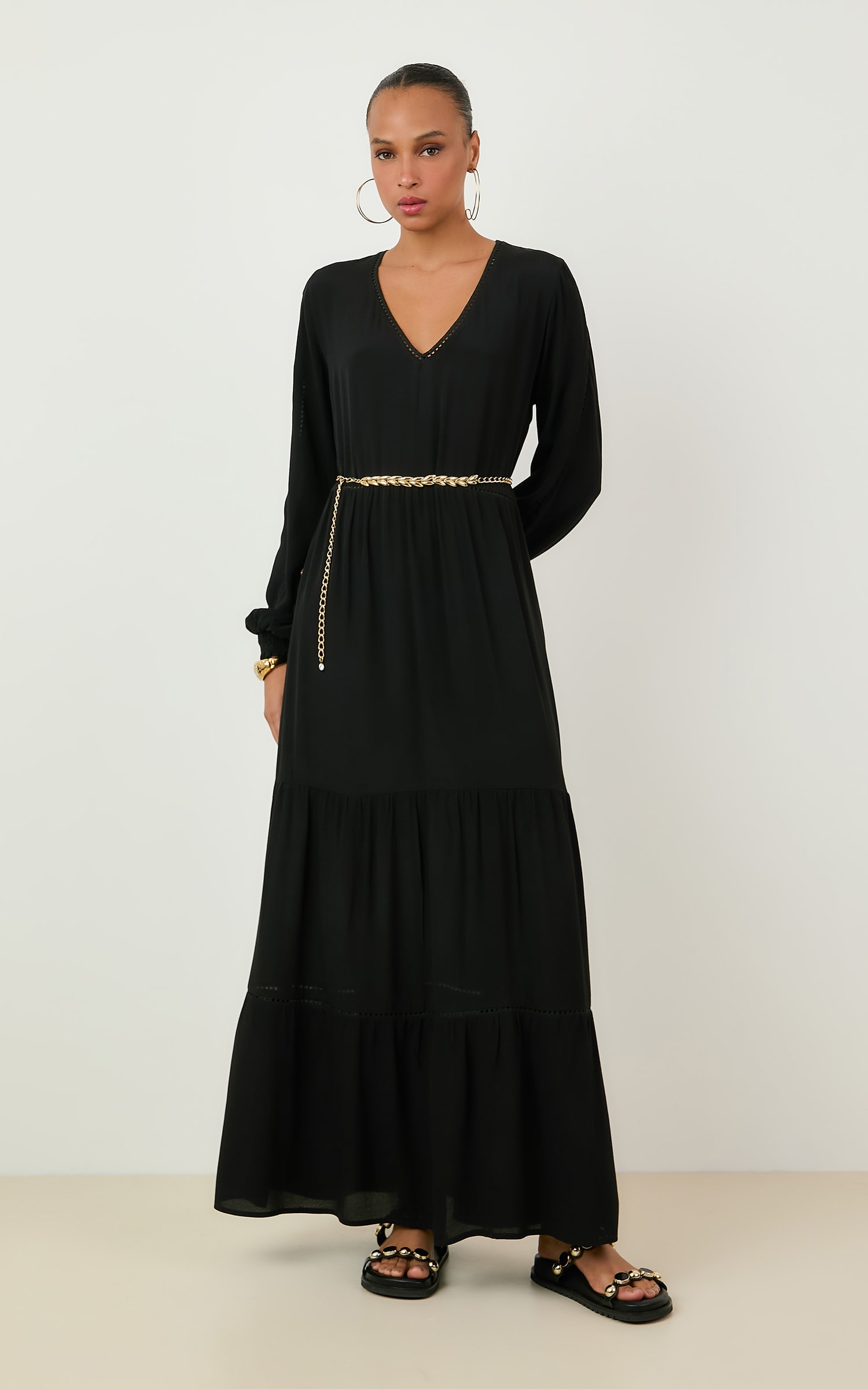Vestido Longo Hibisco Entremeio Preto