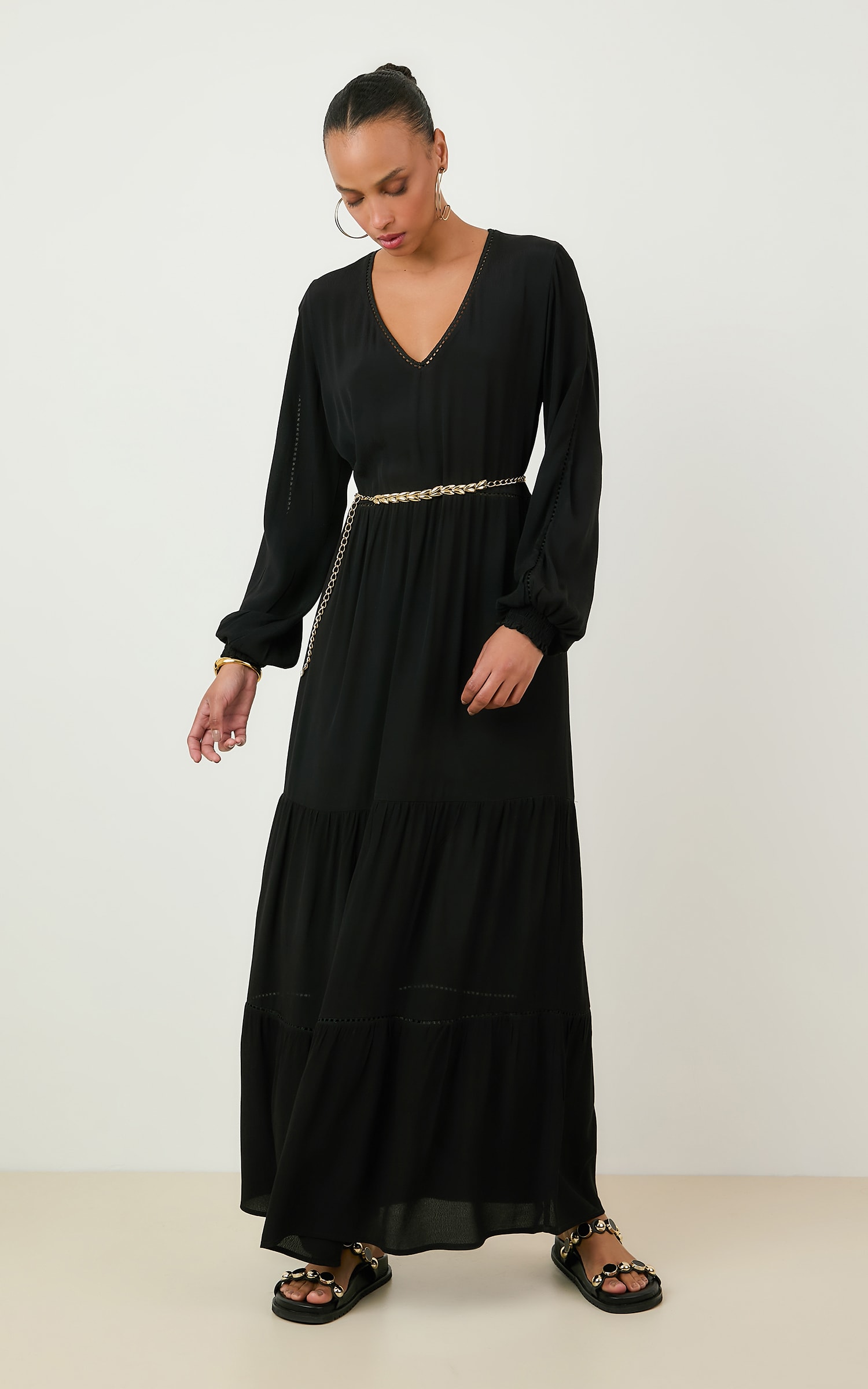 Vestido Longo Hibisco Entremeio Preto