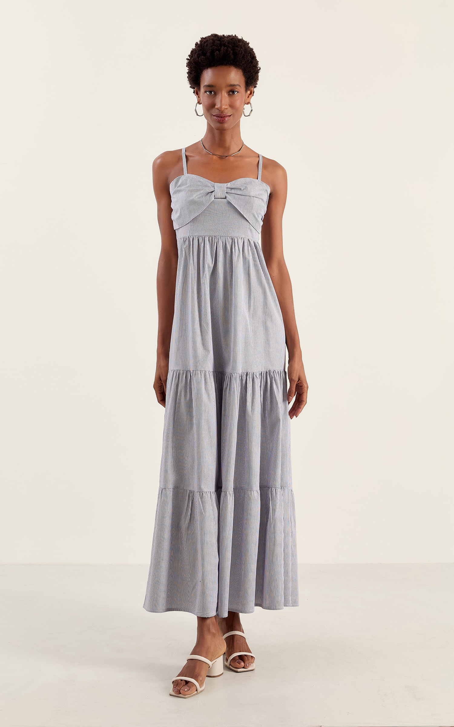 Vestido Longo Listras Marinho/Off