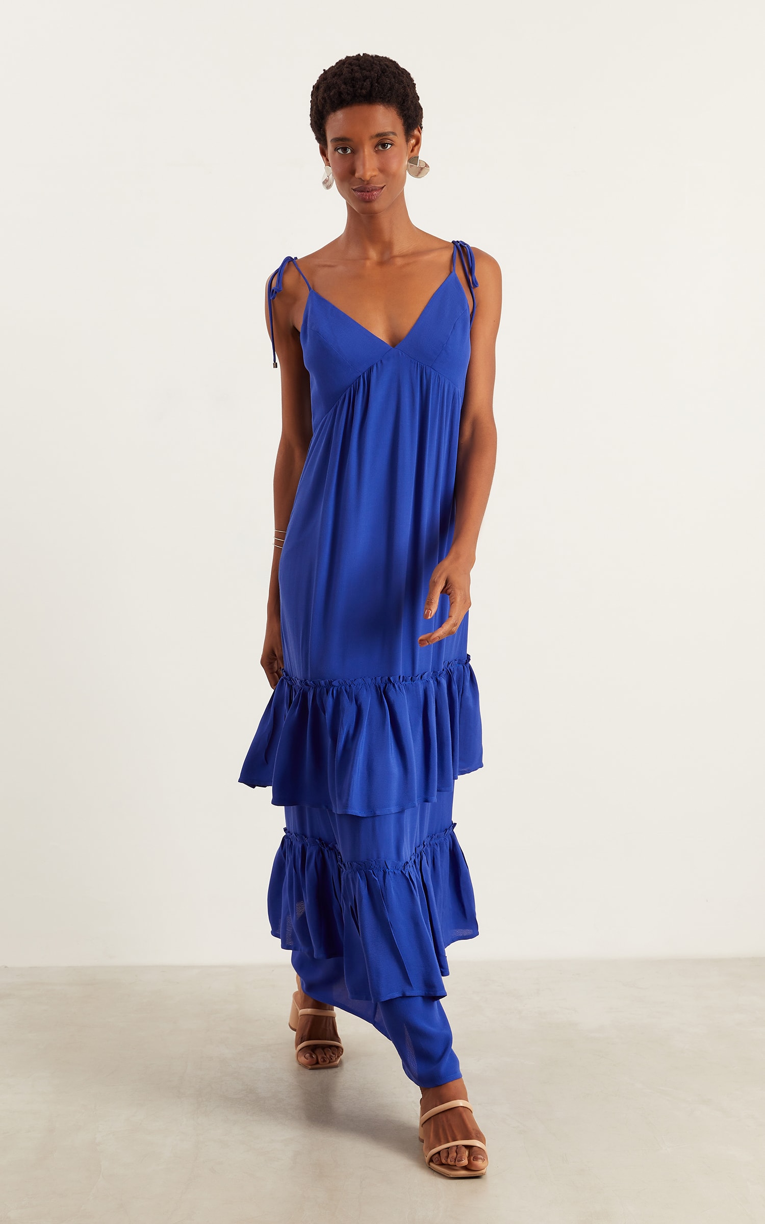 Vestido Longo Mix Babados Azul
