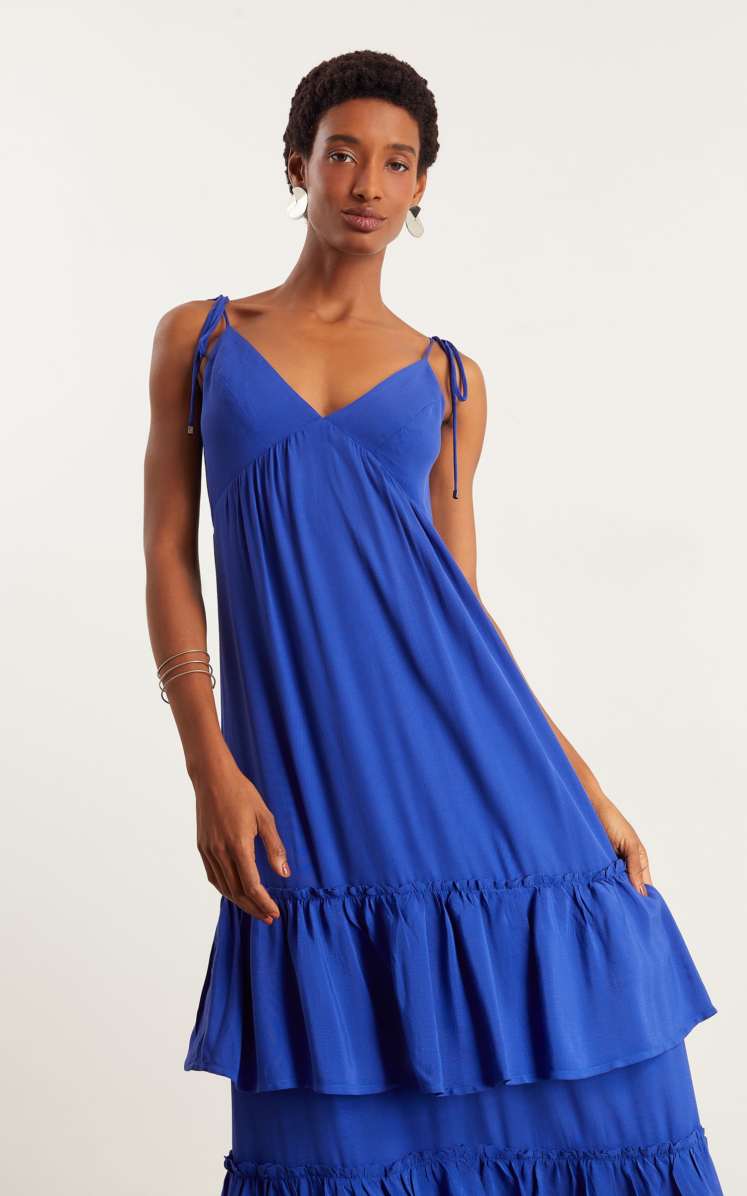 Vestido Longo Mix Babados Azul