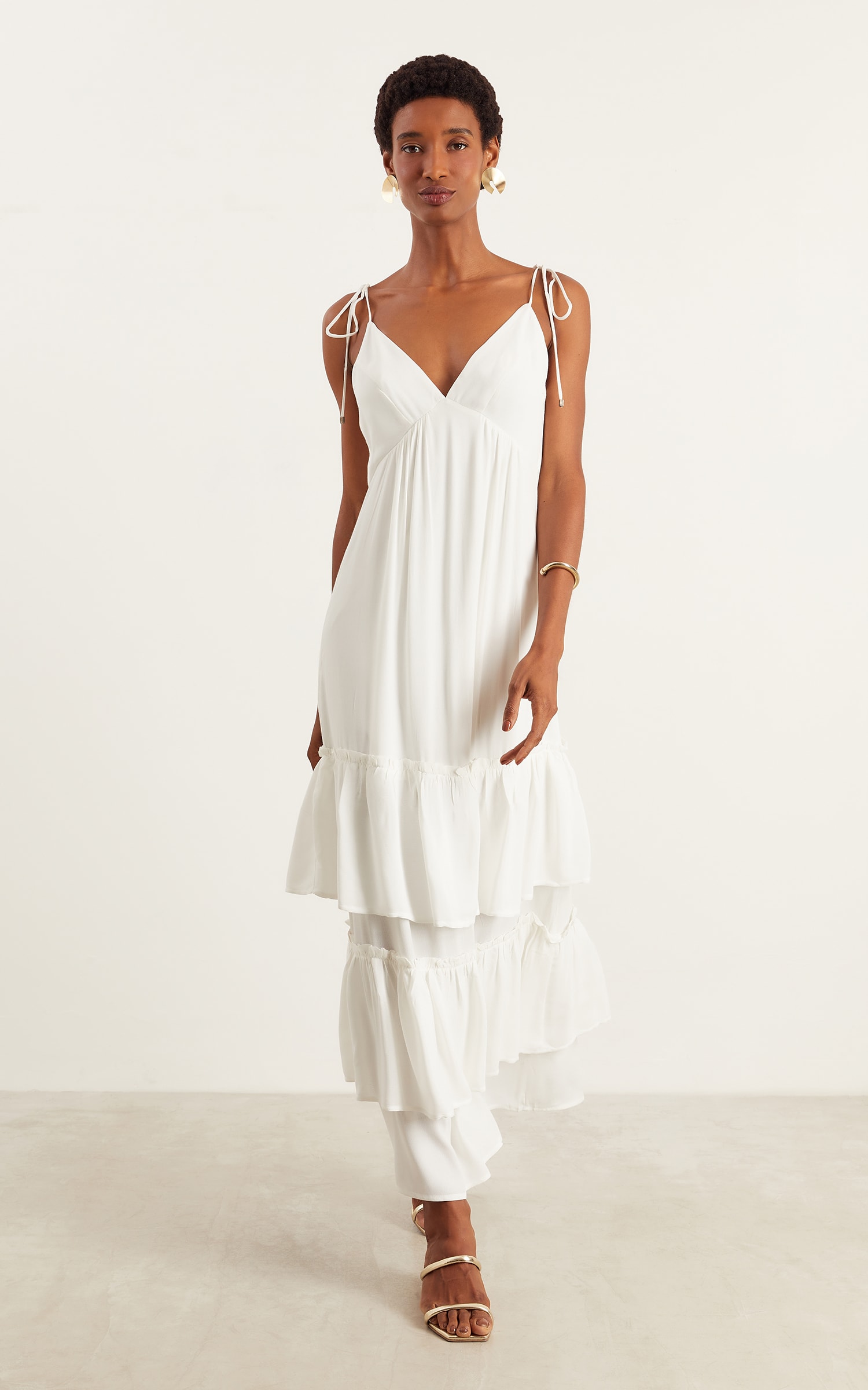 Vestido Longo Mix Babados Off White