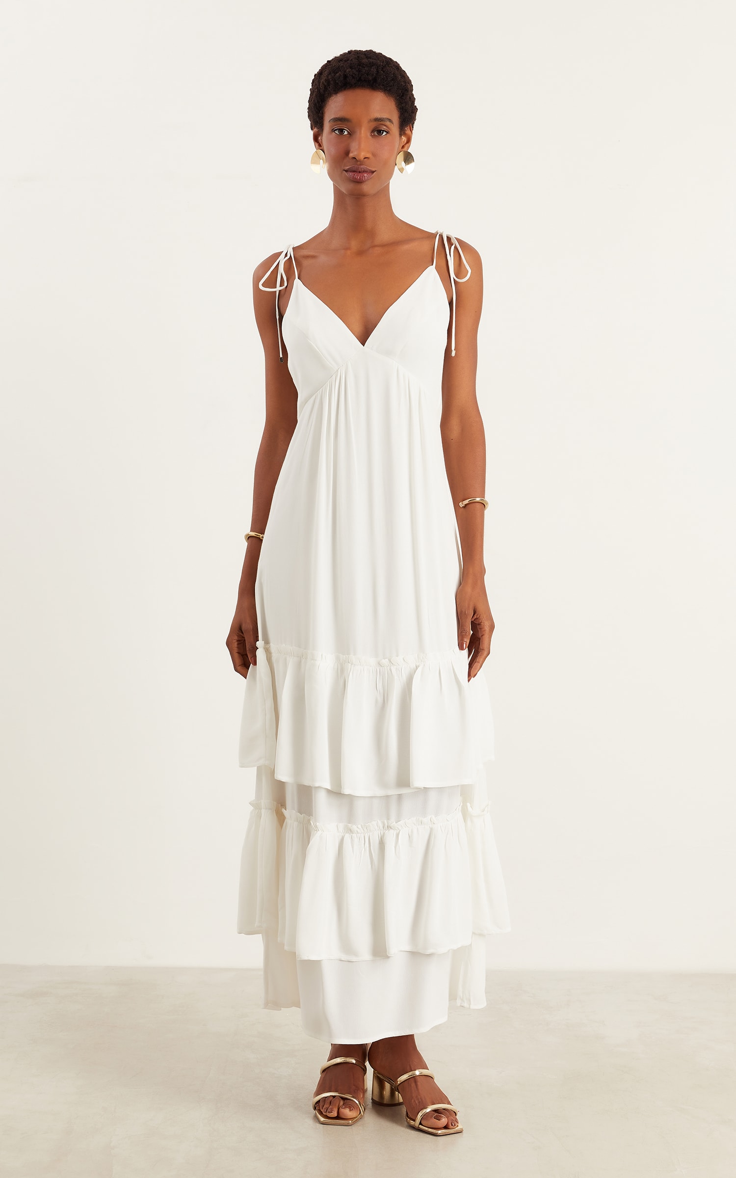 Vestido Longo Mix Babados Off White