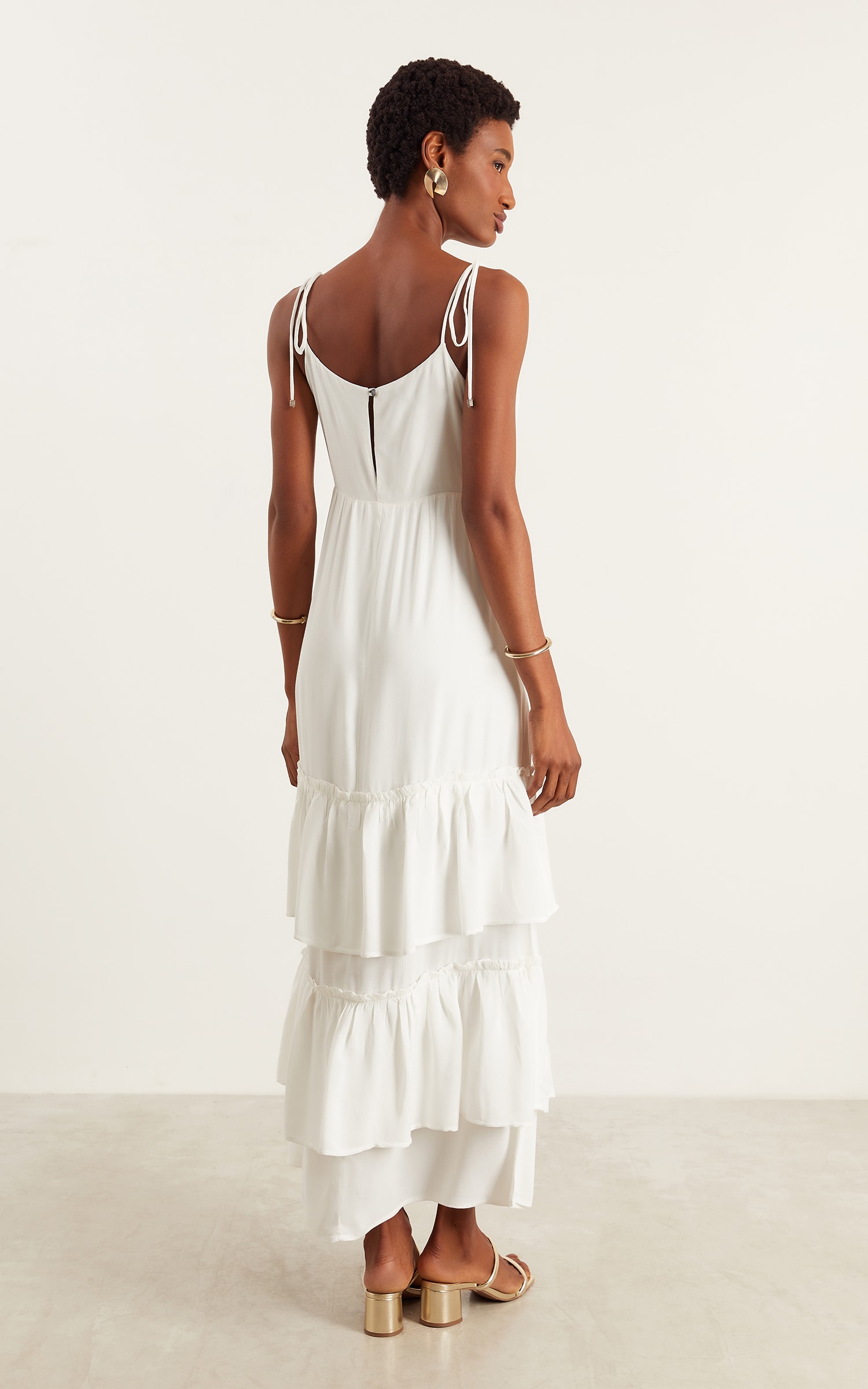 Vestido Longo Mix Babados Off White