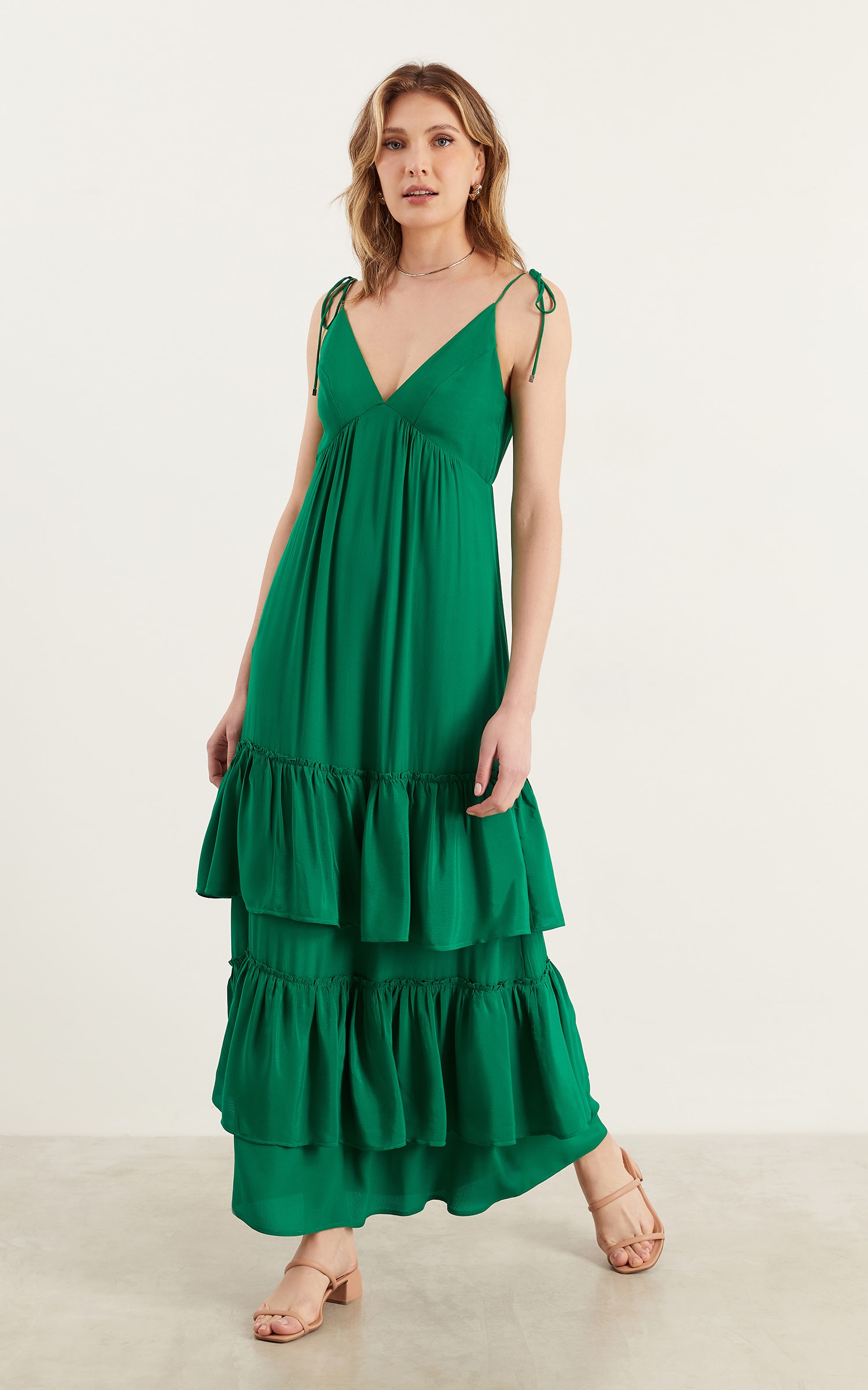 Vestido Longo Mix Babados Verde