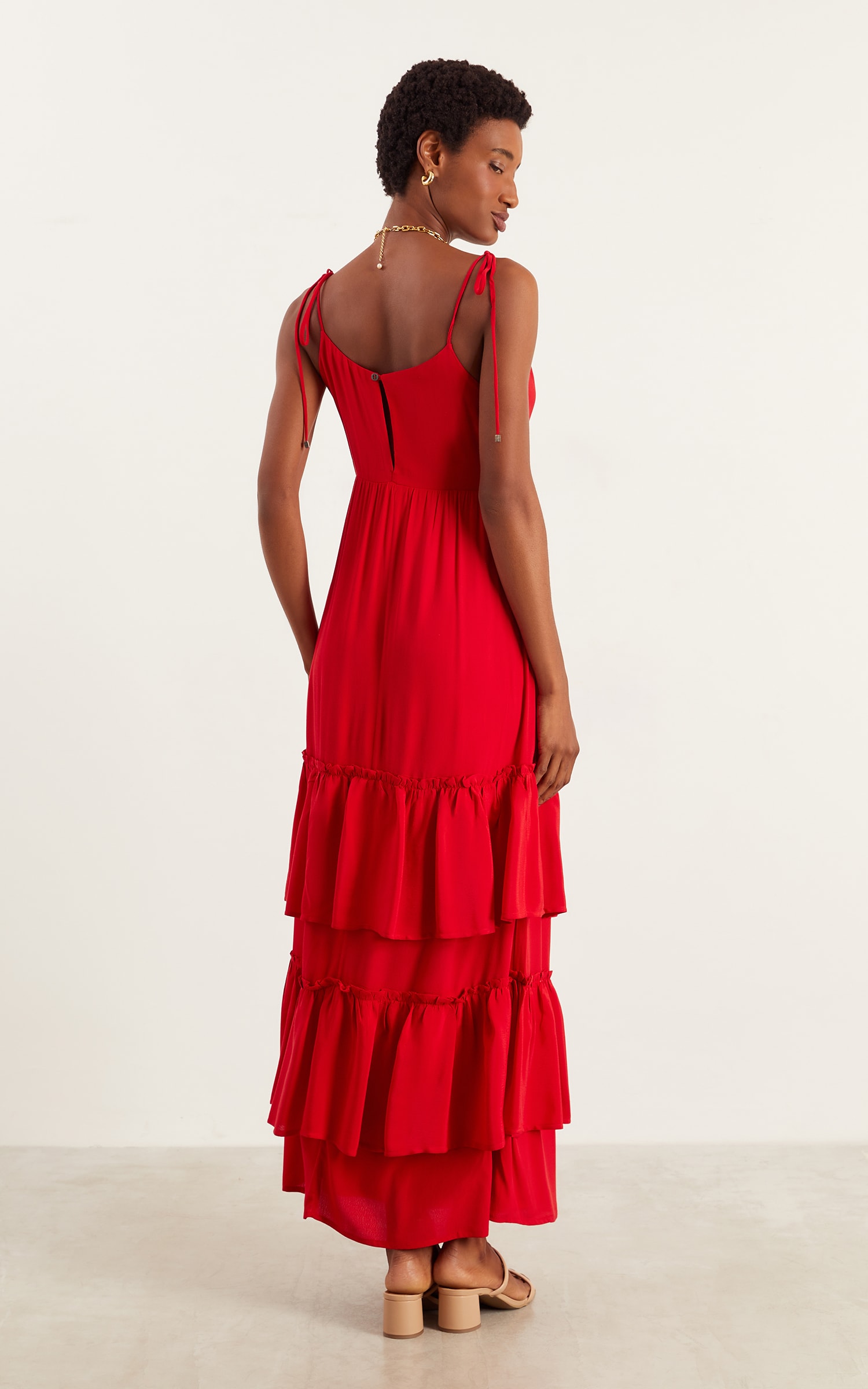 Vestido Longo Mix Babados Vermelho