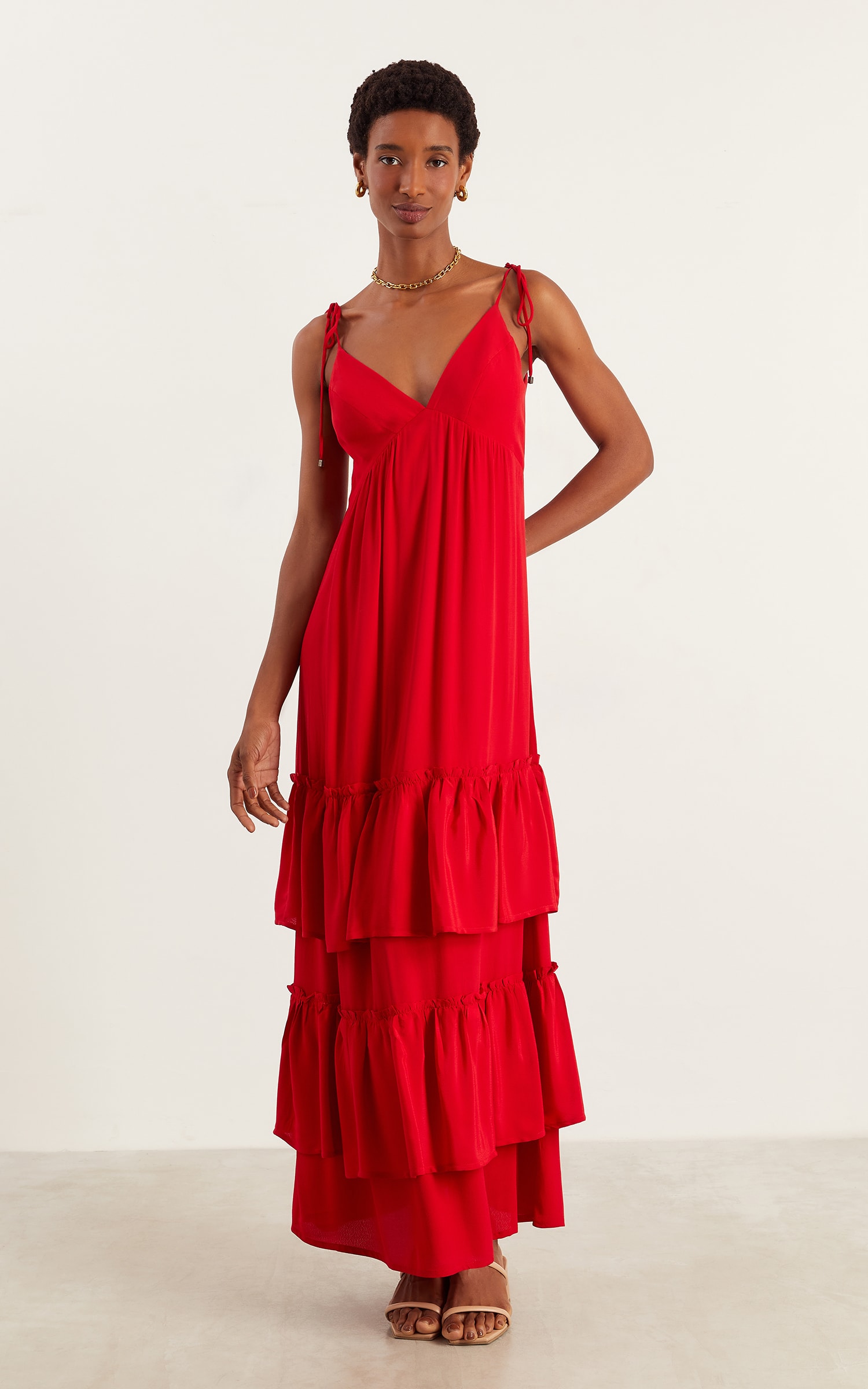 Vestido Longo Mix Babados Vermelho