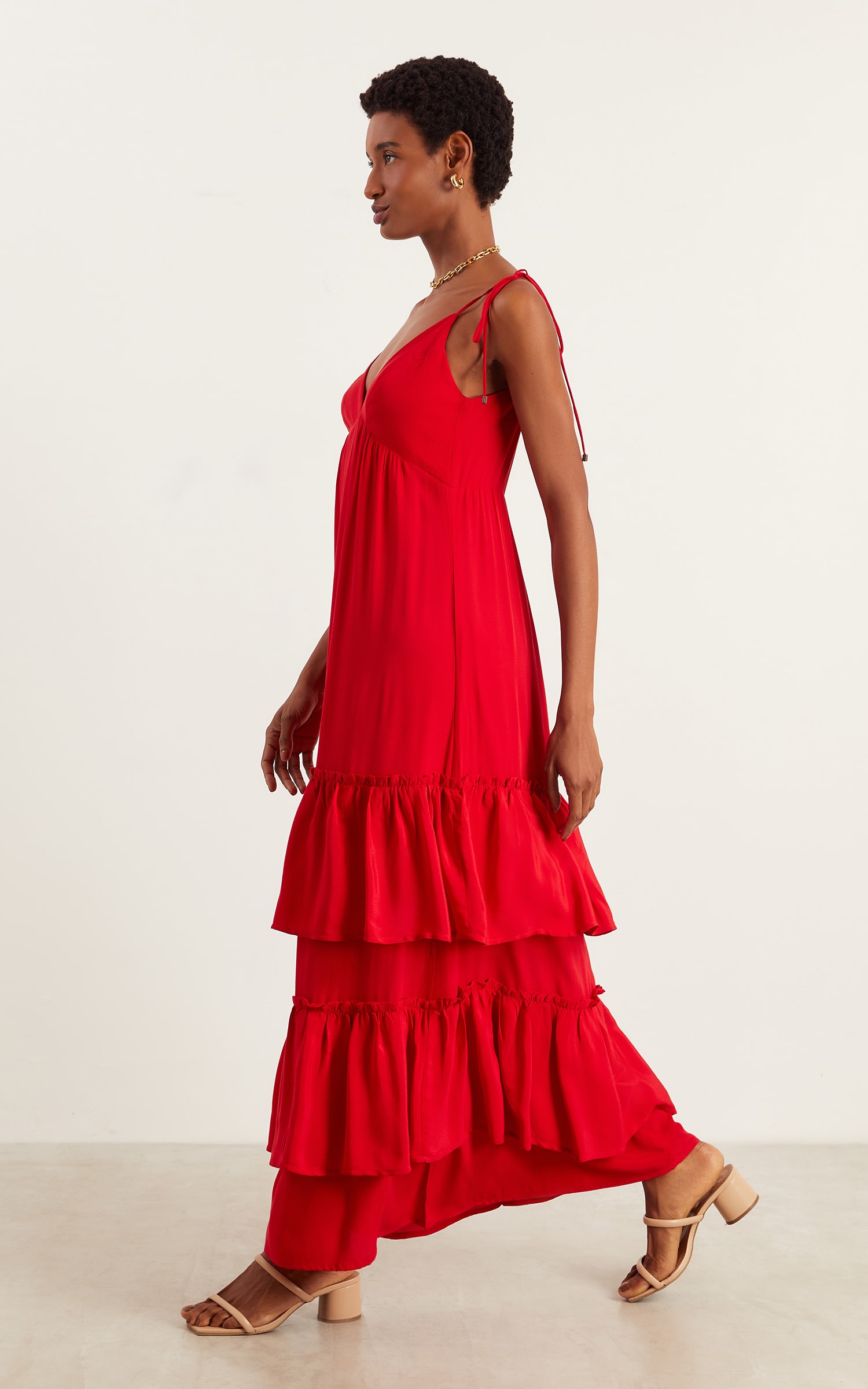Vestido Longo Mix Babados Vermelho