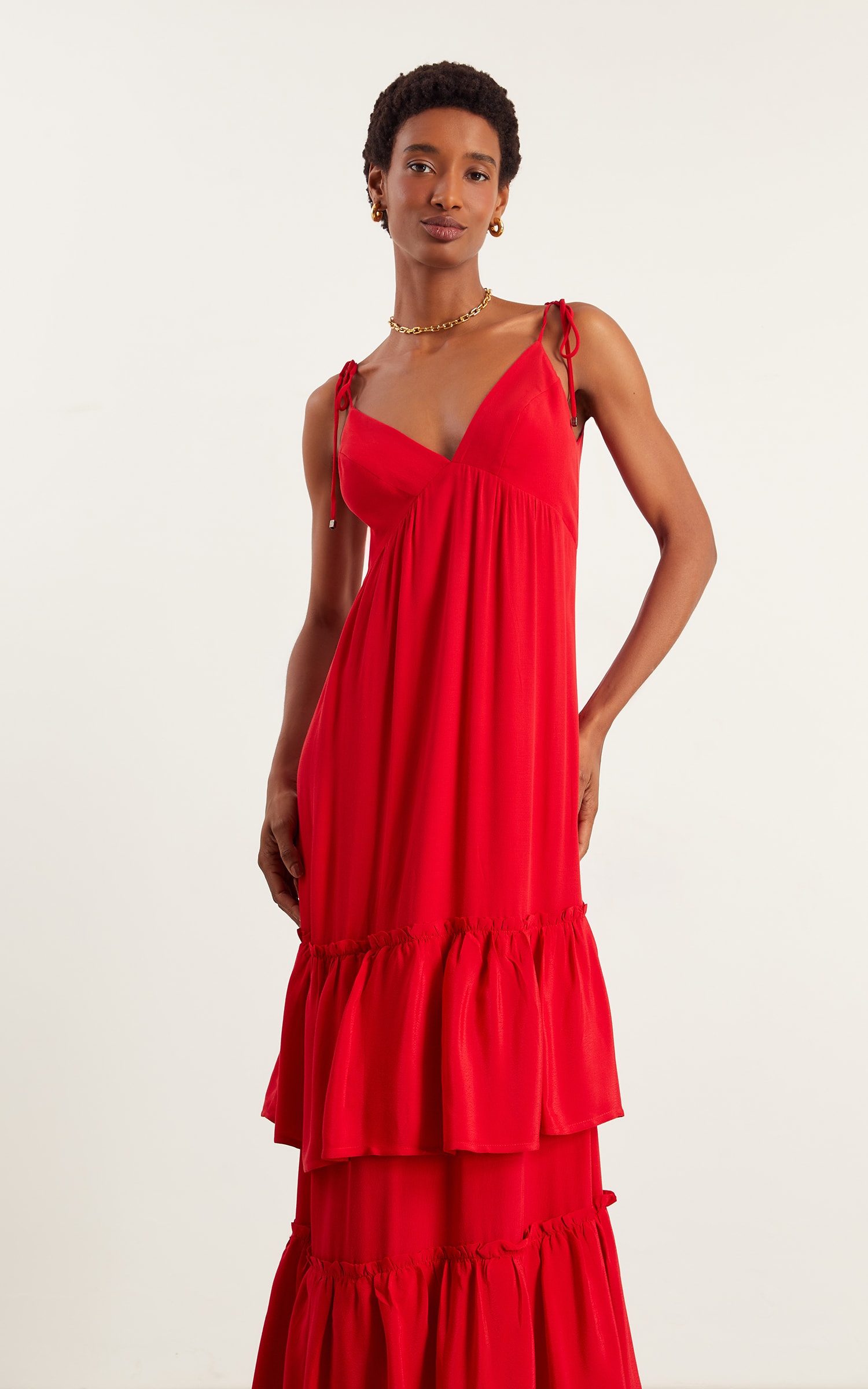 Vestido Longo Mix Babados Vermelho