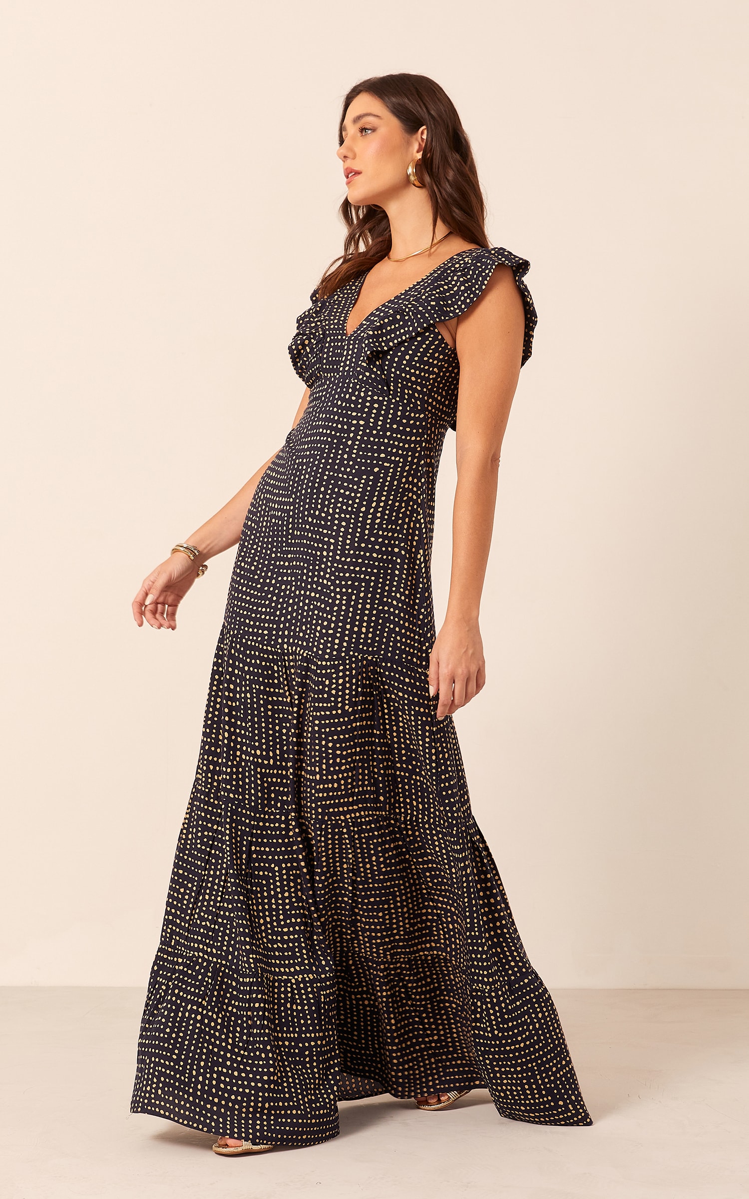 Vestido Longo Sentir Babados Marinho