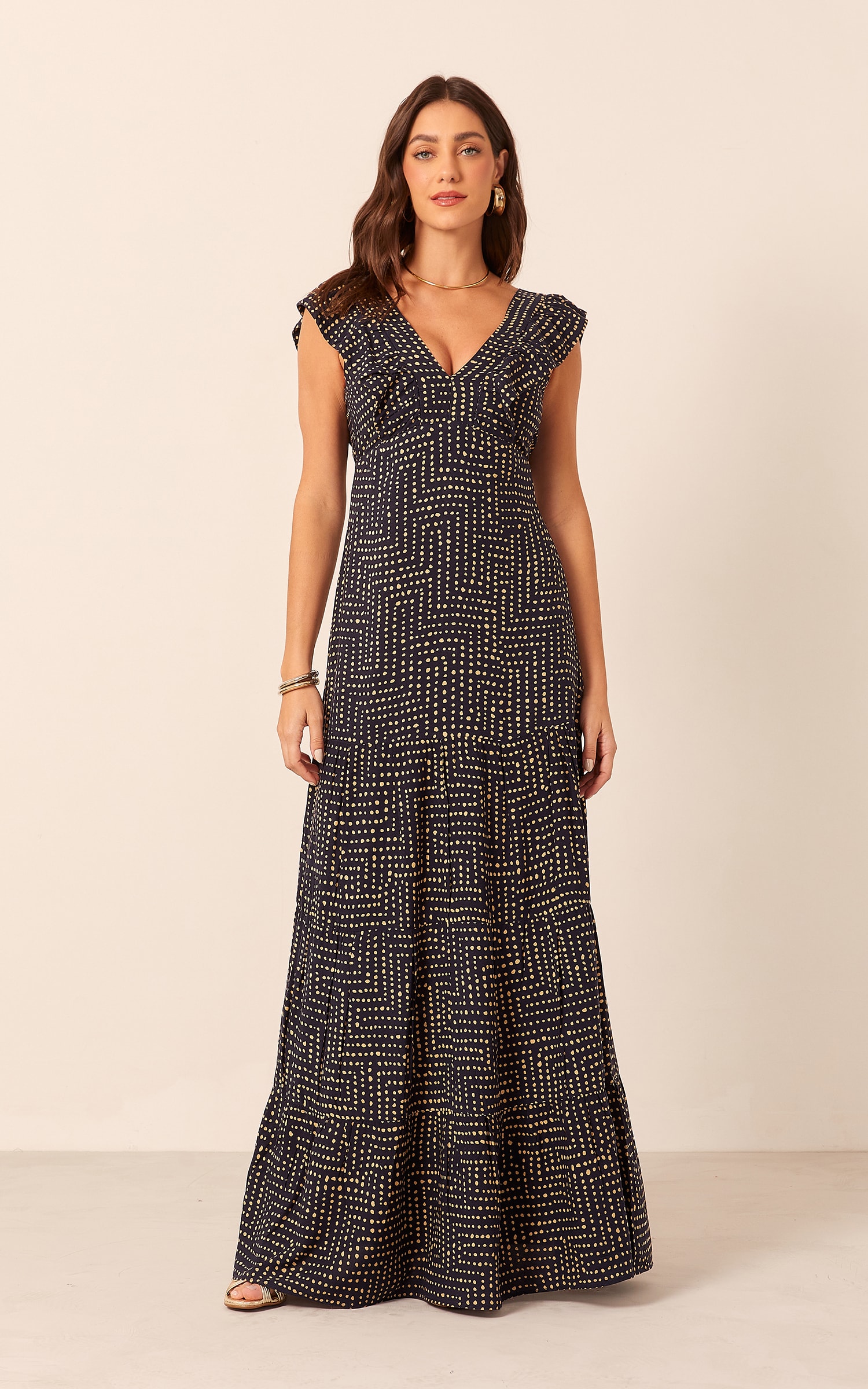 Vestido Longo Sentir Babados Marinho