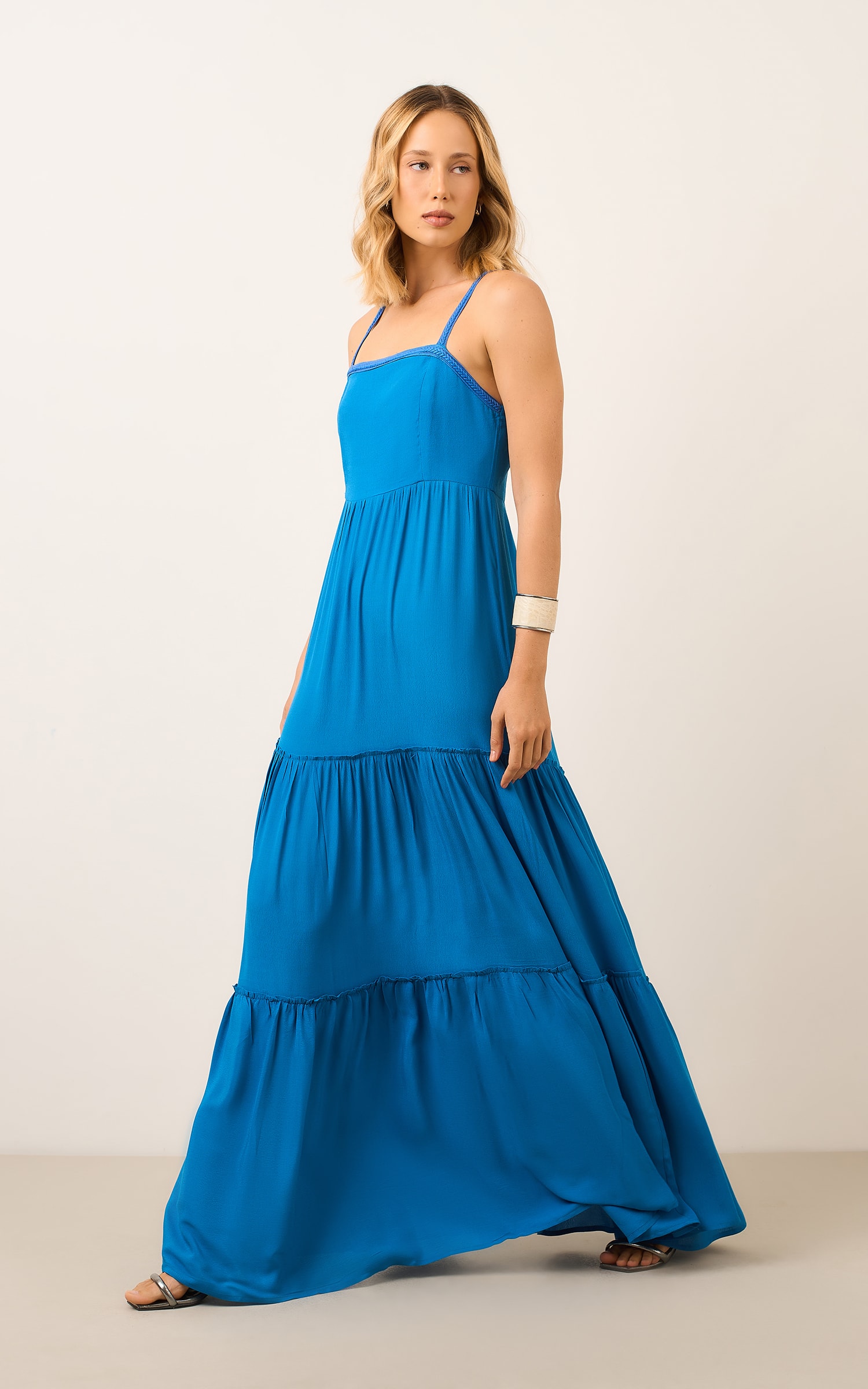 Vestido Longo Trancas Naif Azul Piscine