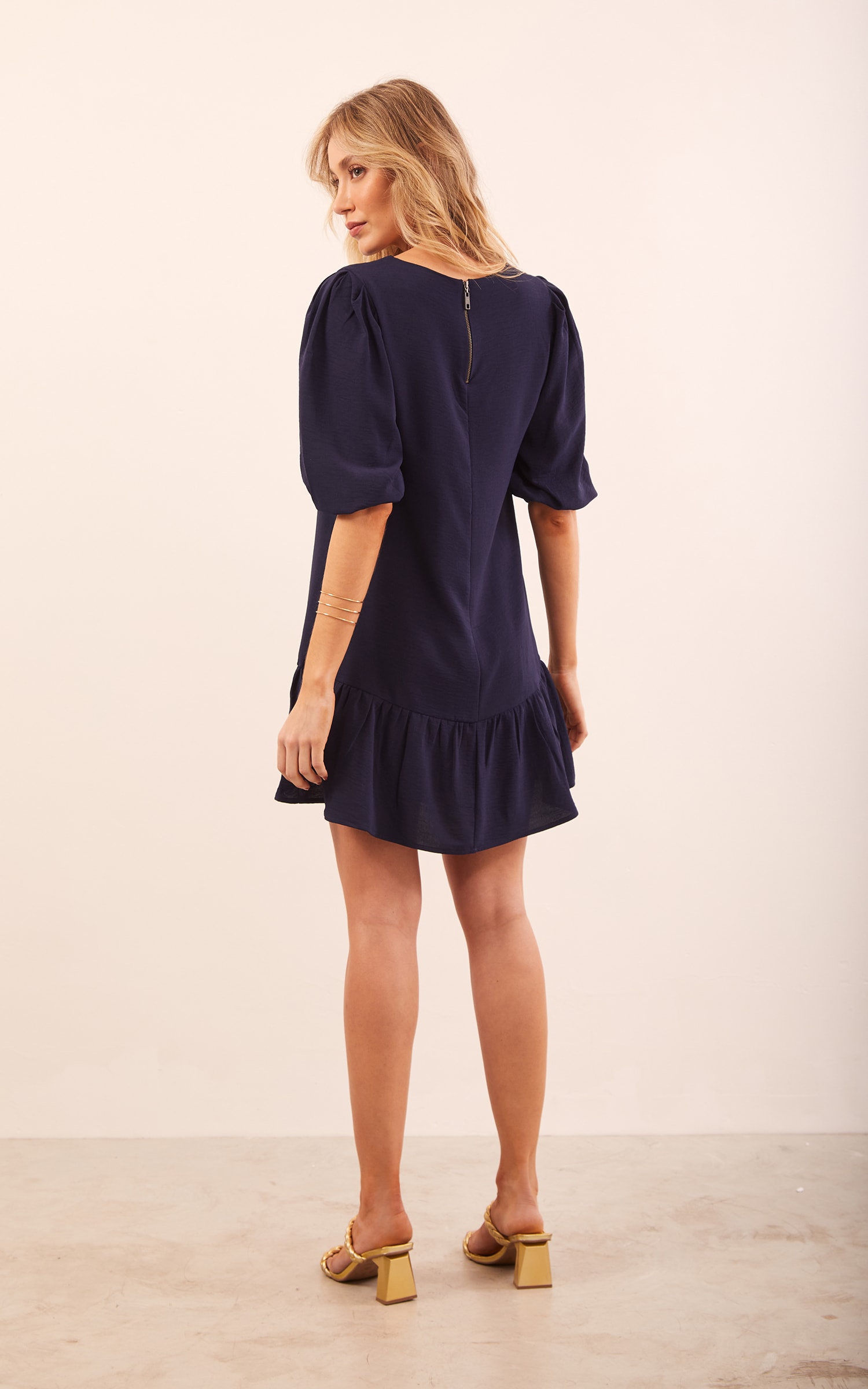Vestido Manga Bufante Curto Marinho