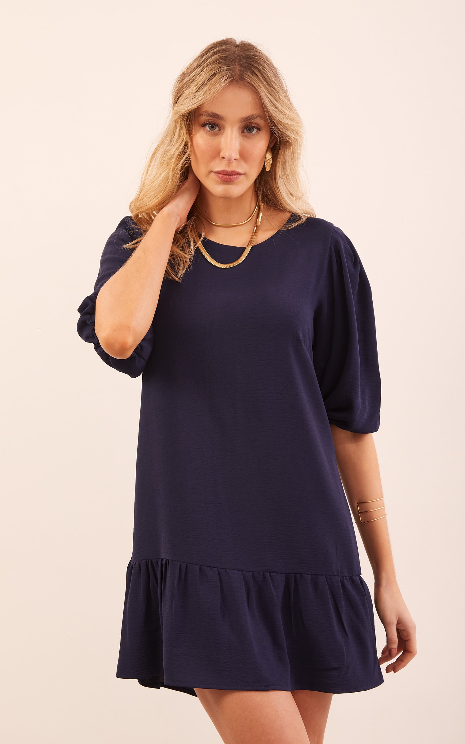Vestido Manga Bufante Curto Marinho
