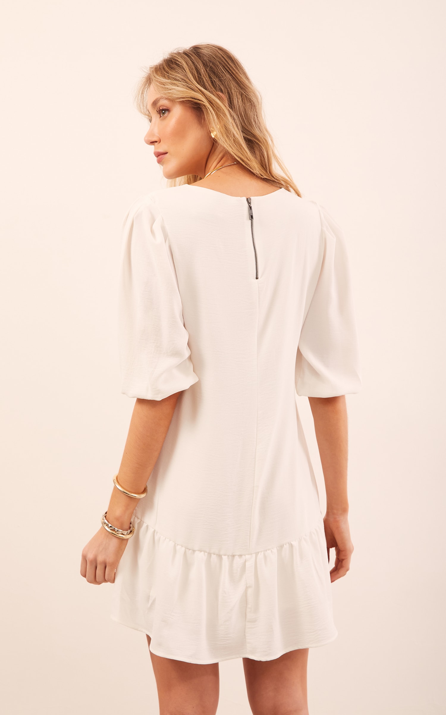 Vestido Manga Bufante Curto Off White