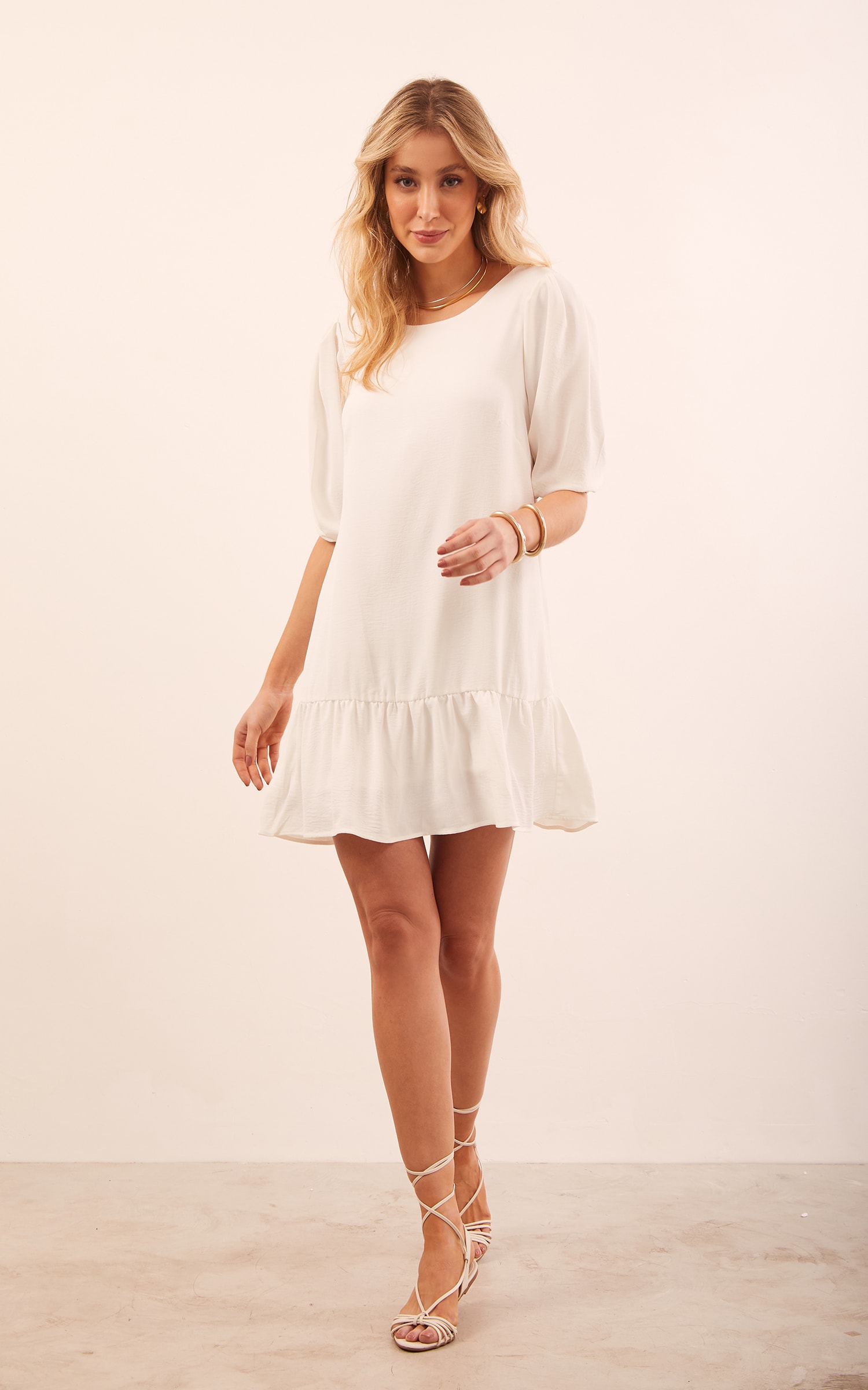 Vestido Manga Bufante Curto Off White