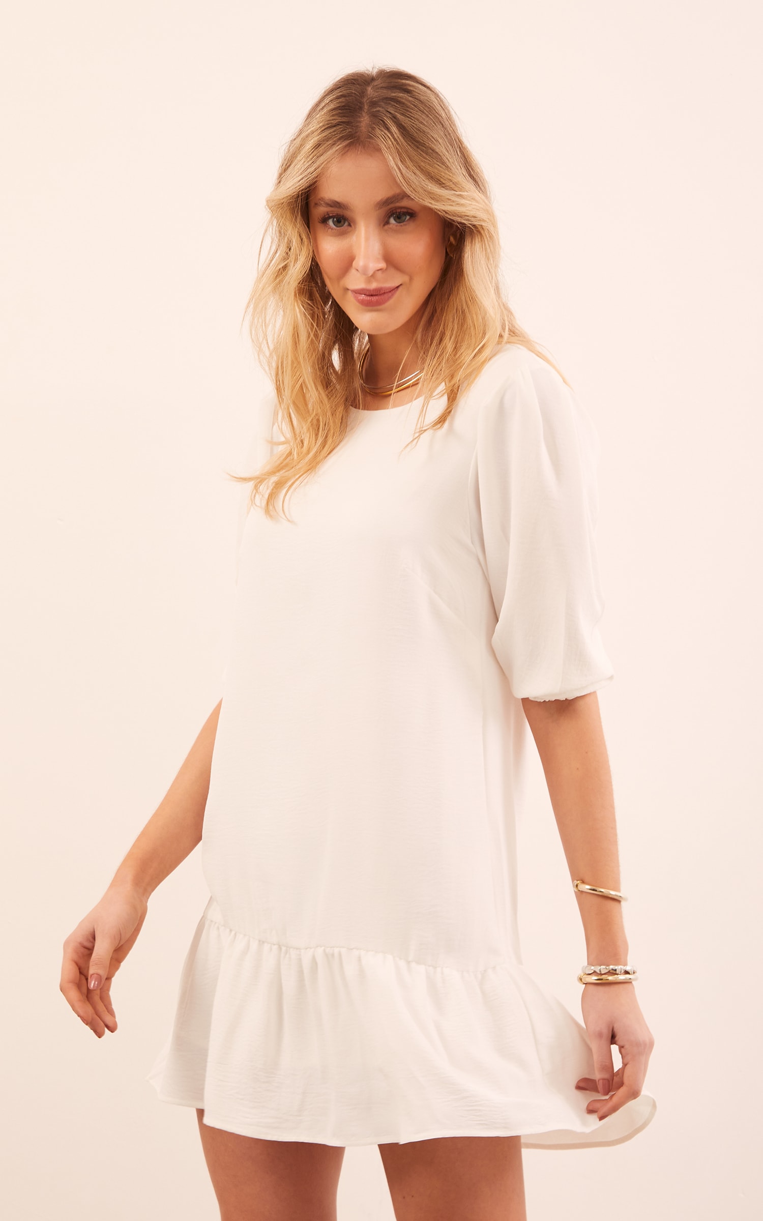 Vestido Manga Bufante Curto Off White