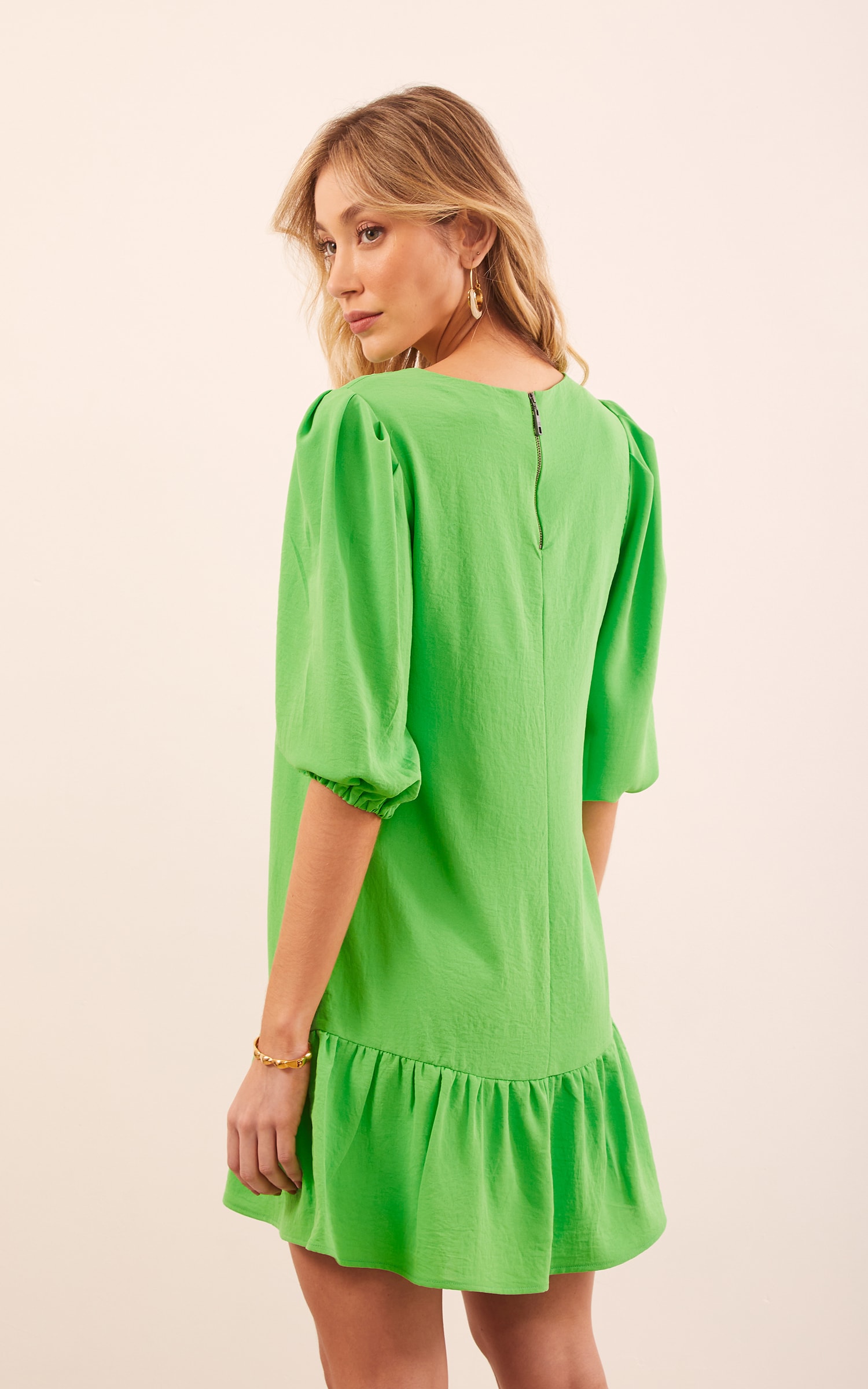 Vestido Manga Bufante Curto Verde