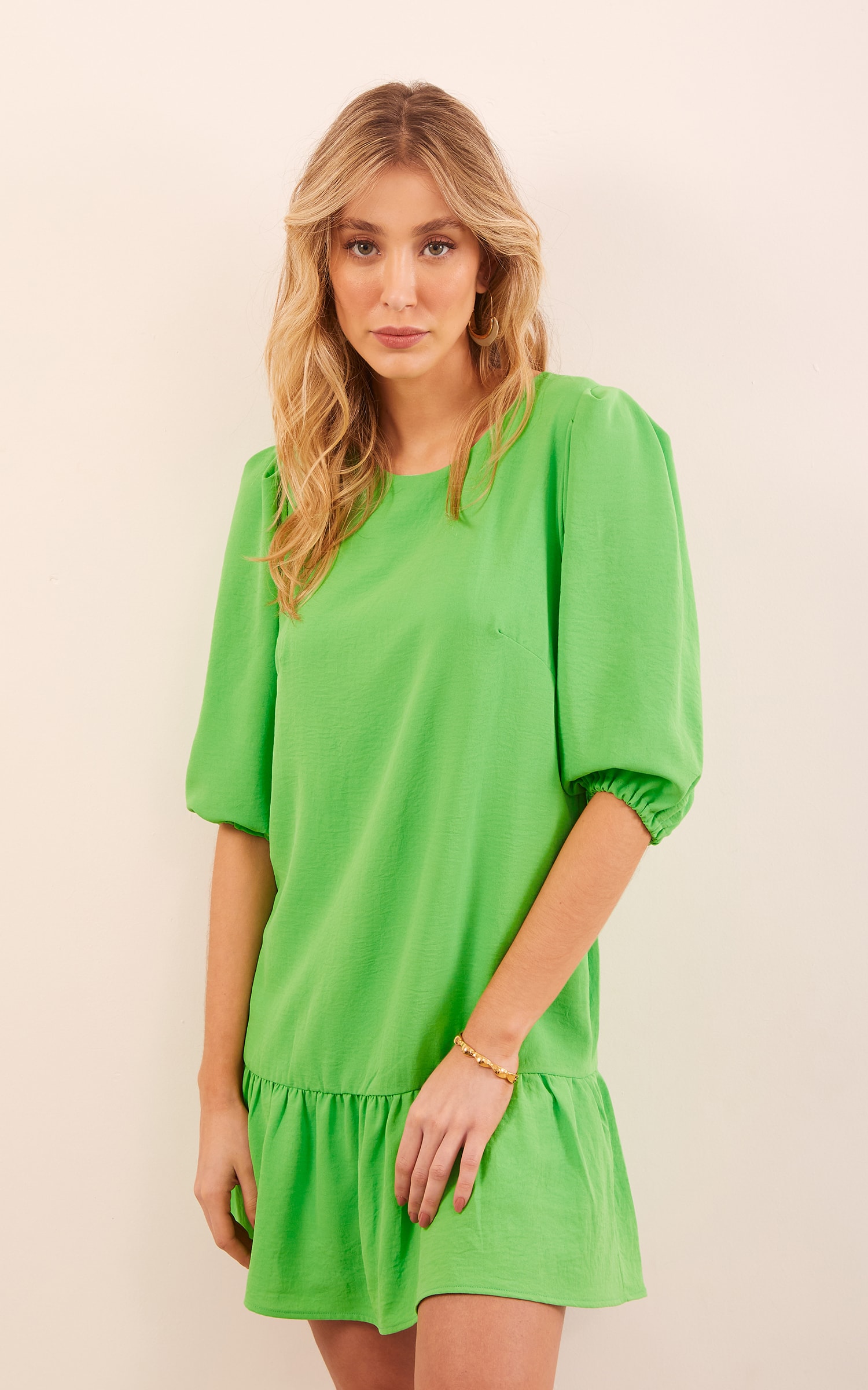 Vestido Manga Bufante Curto Verde