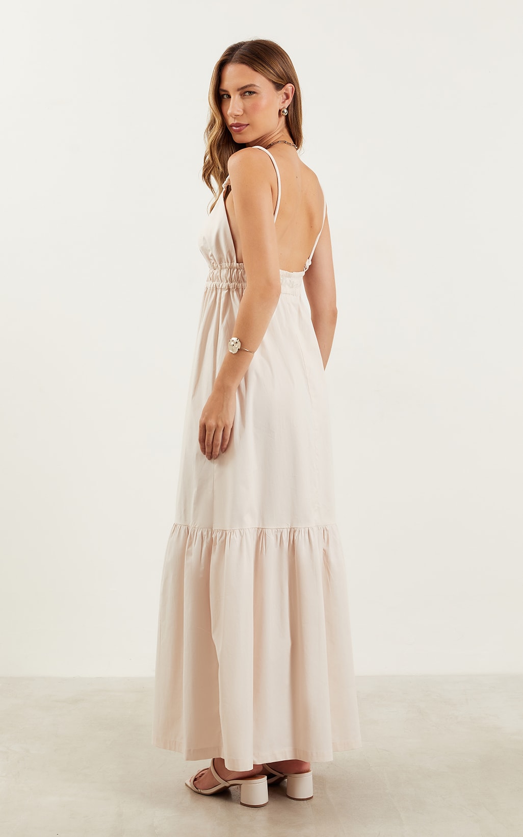 Vestido Midi Detalhe Alça Coral Pérola