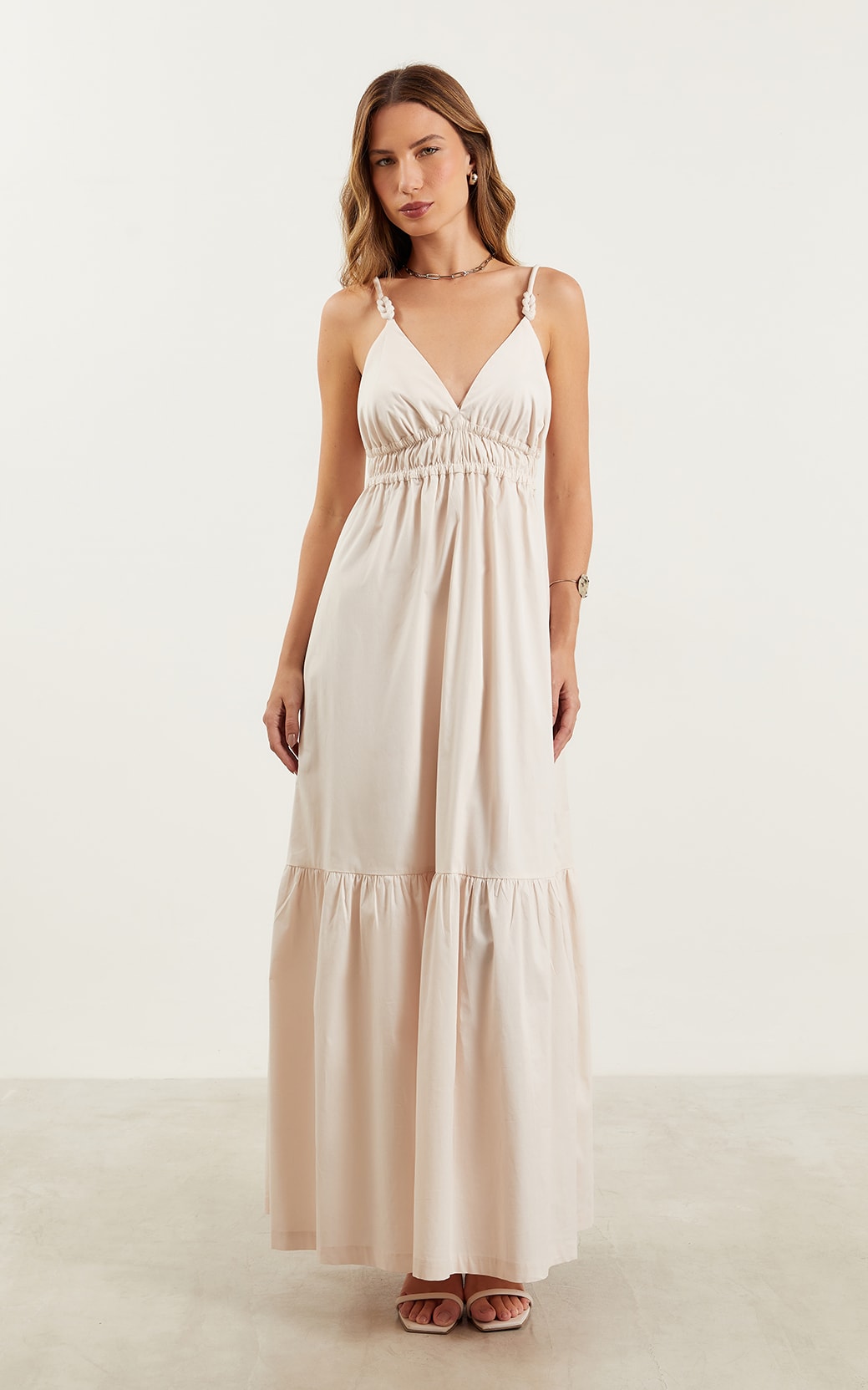 Vestido Midi Detalhe Alça Coral Pérola