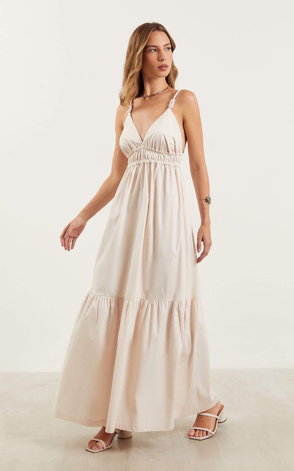 Vestido Midi Detalhe Alça Coral Pérola
