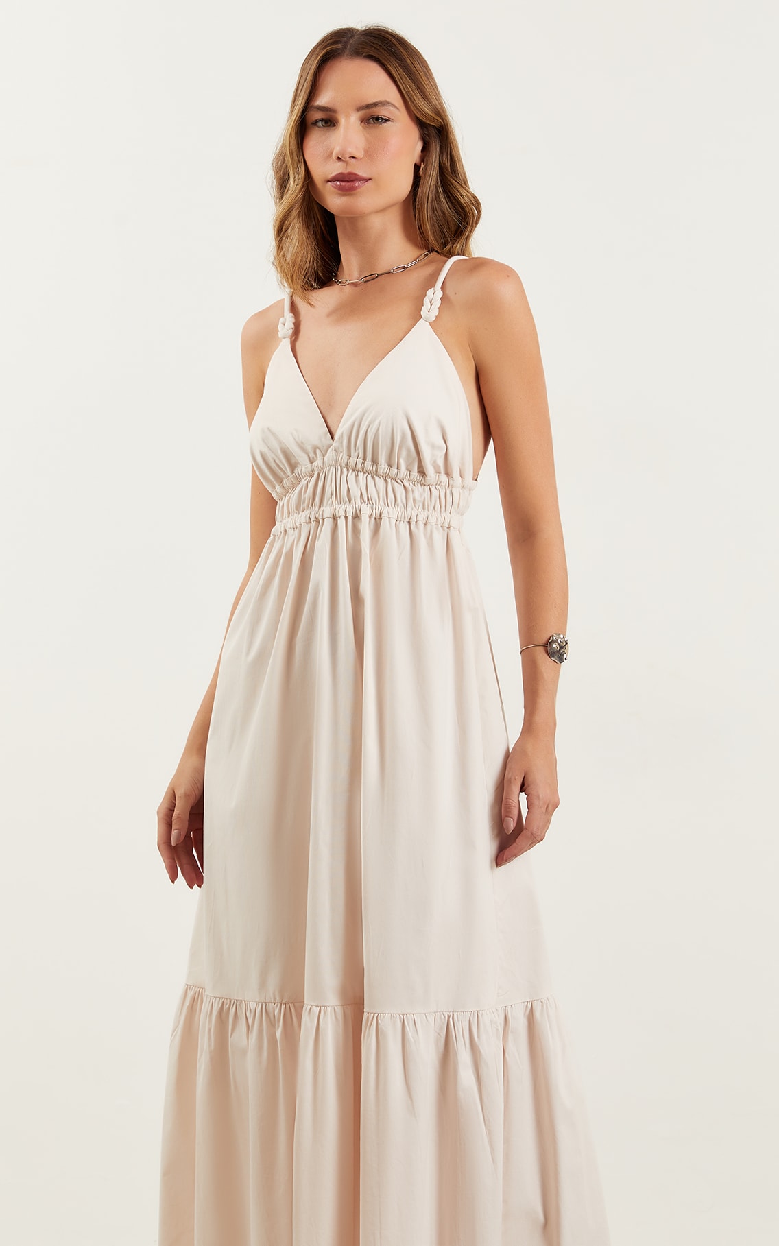 Vestido Midi Detalhe Alça Coral Pérola