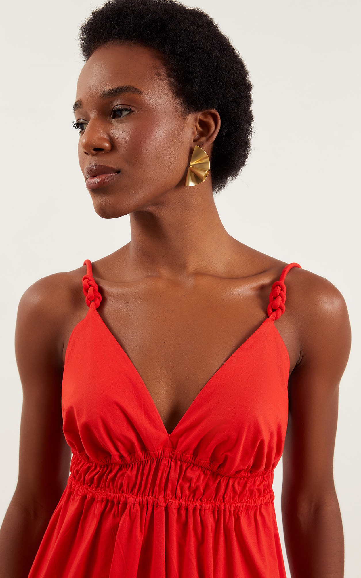 Vestido Midi Detalhe Alça Coral Vermelho