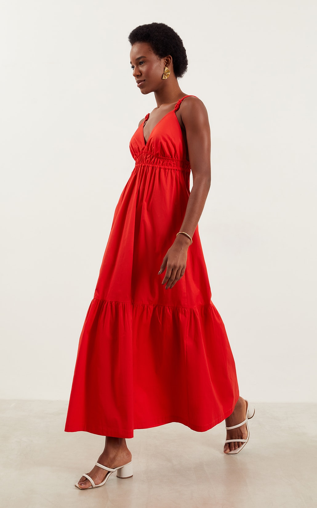 Vestido Midi Detalhe Alça Coral Vermelho