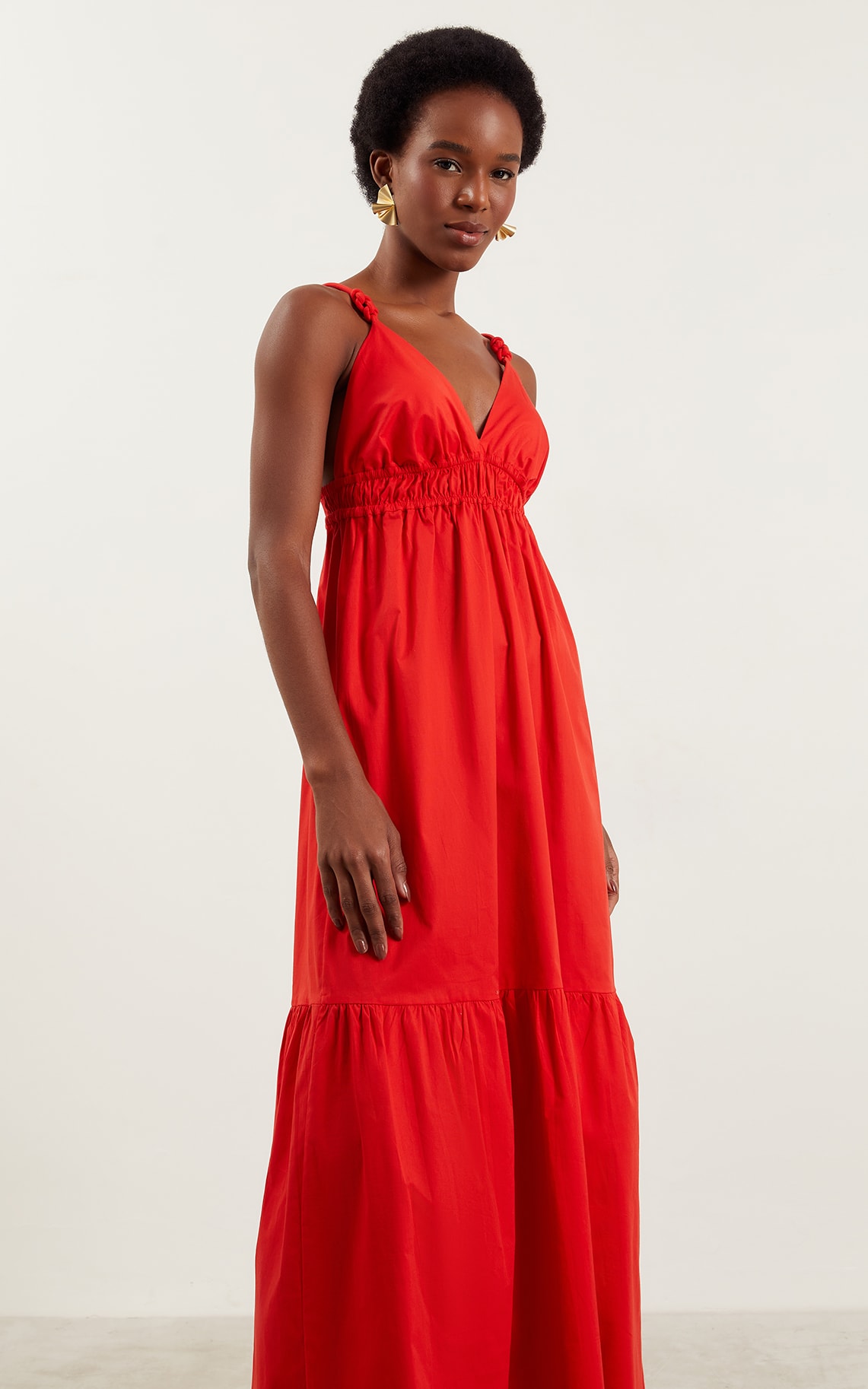 Vestido Midi Detalhe Alça Coral Vermelho
