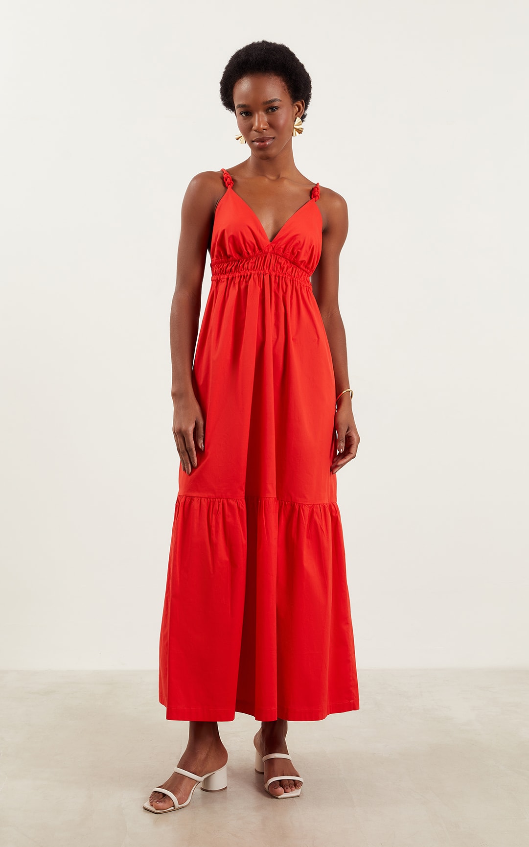 Vestido Midi Detalhe Alça Coral Vermelho