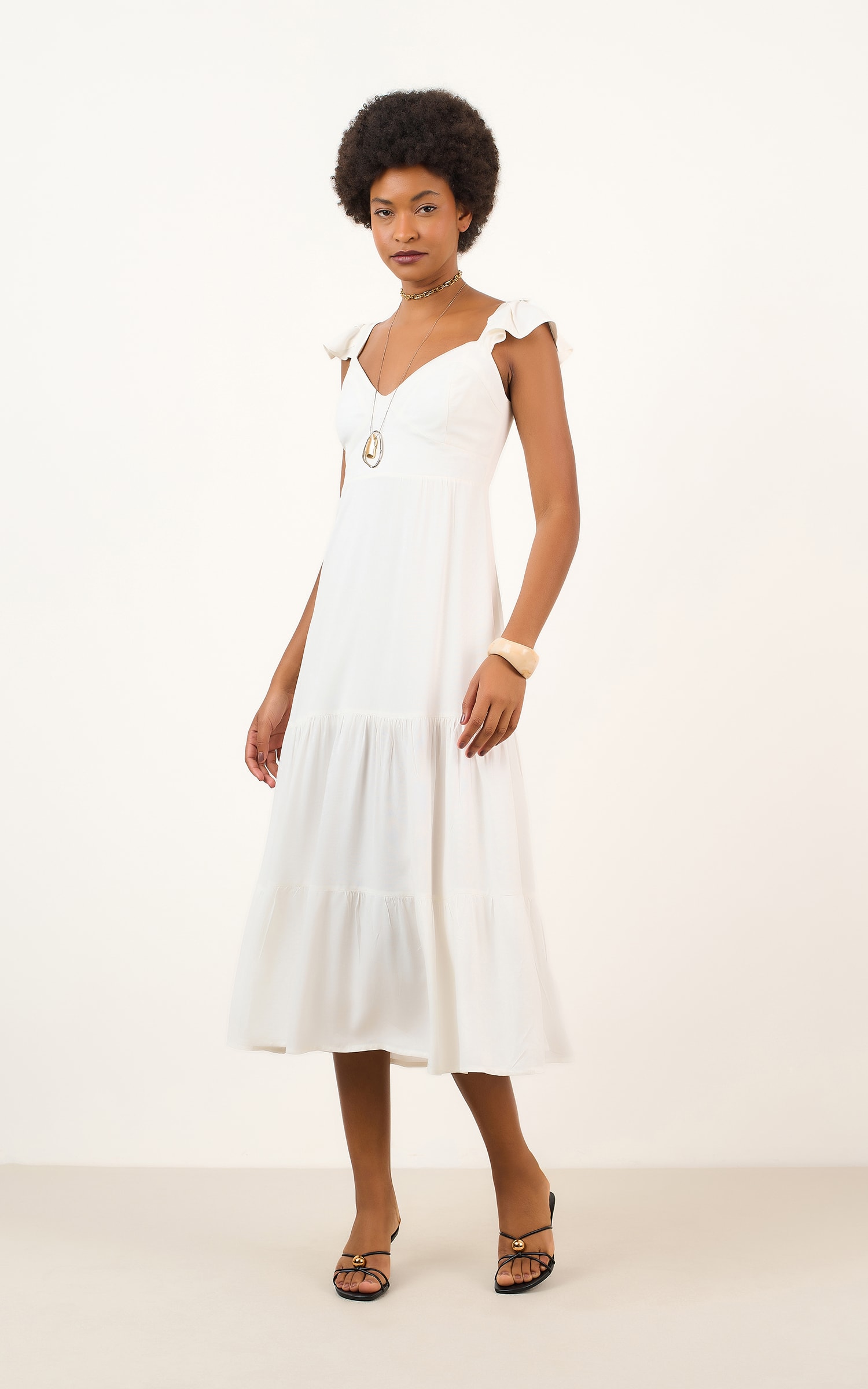 Vestido Midi Detalhe Manga Off White