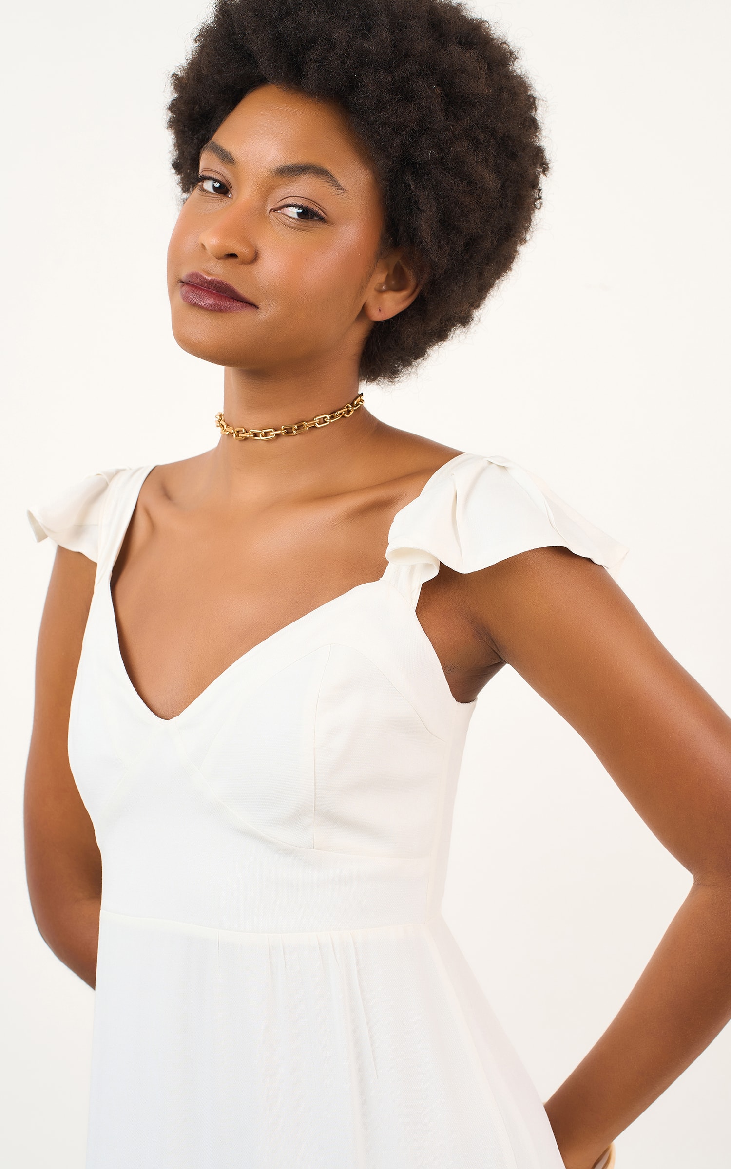 Vestido Midi Detalhe Manga Off White