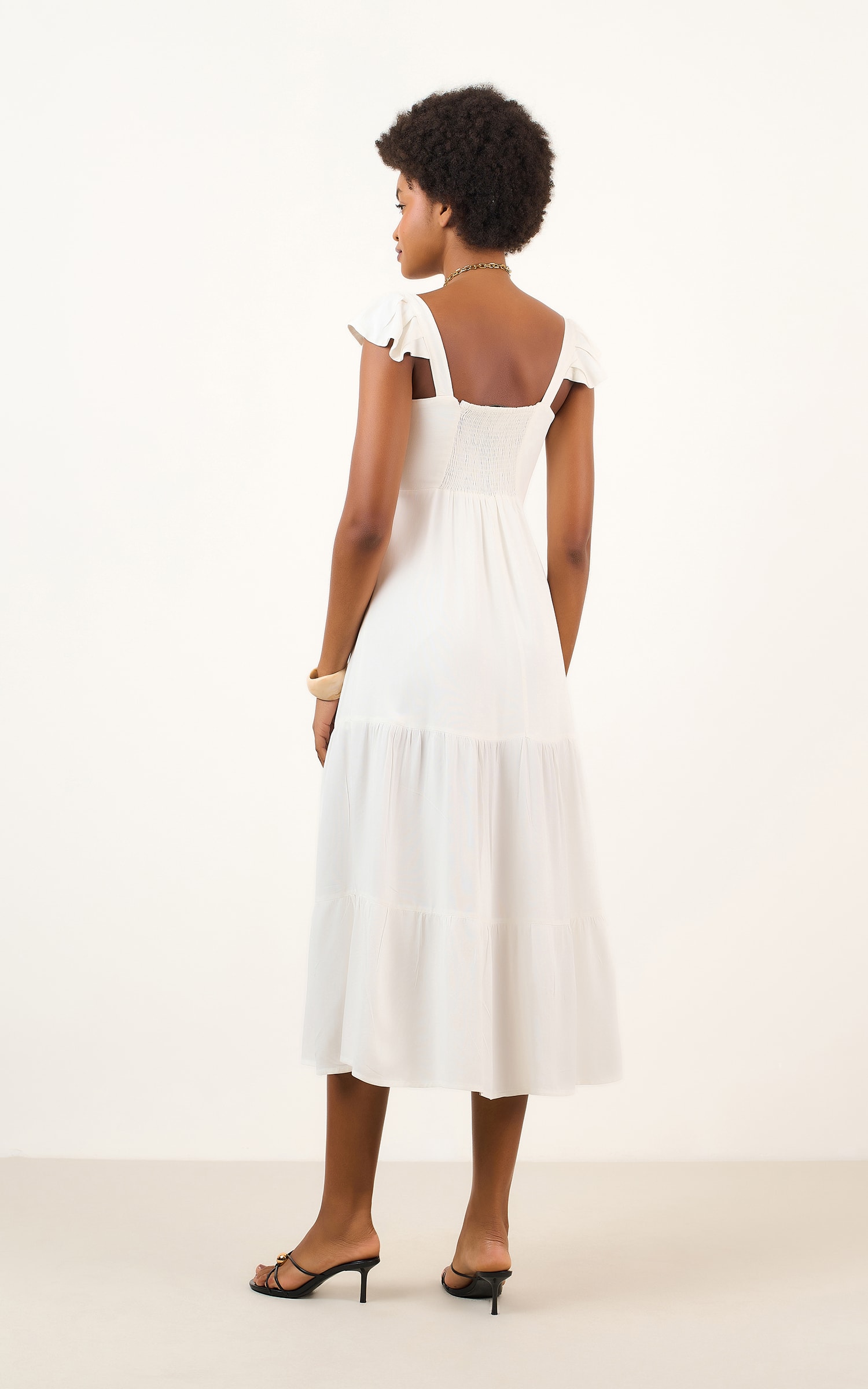 Vestido Midi Detalhe Manga Off White