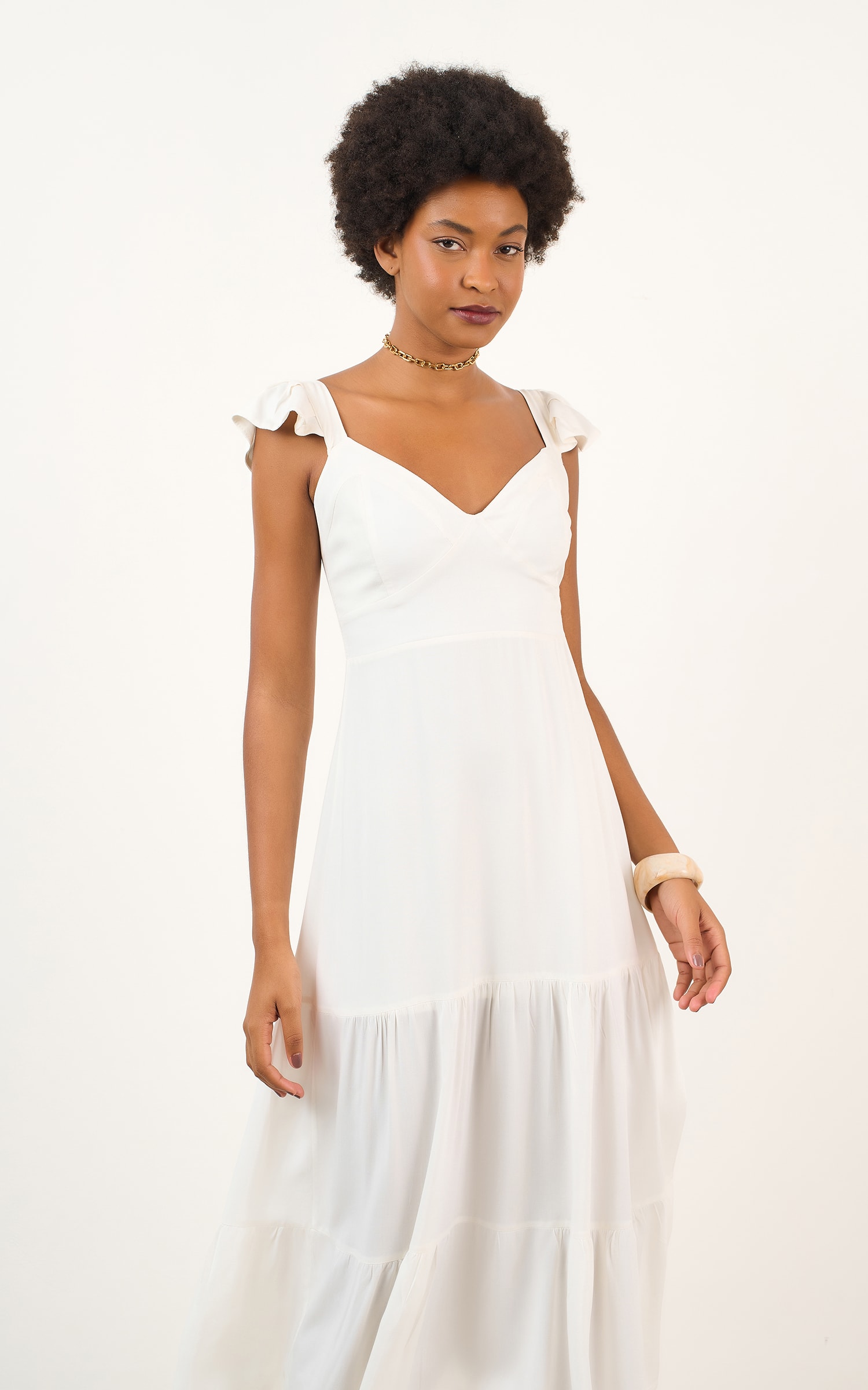 Vestido Midi Detalhe Manga Off White