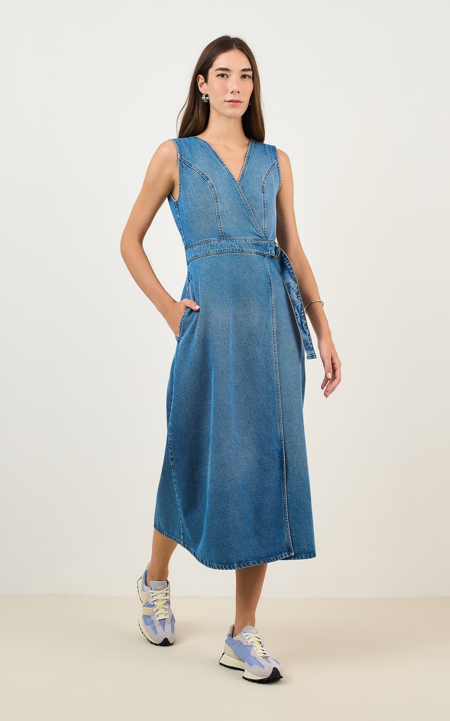 Vestido Midi Jeans Transpassado Jeans Medio