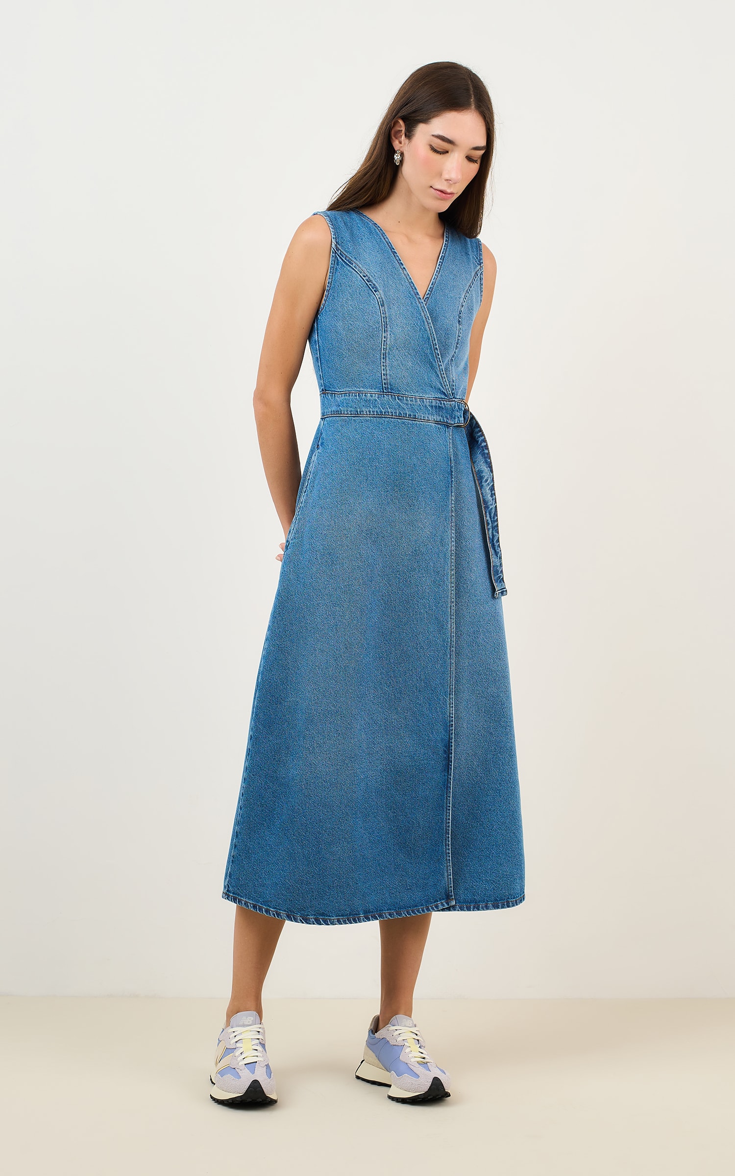 Vestido Midi Jeans Transpassado Jeans Medio