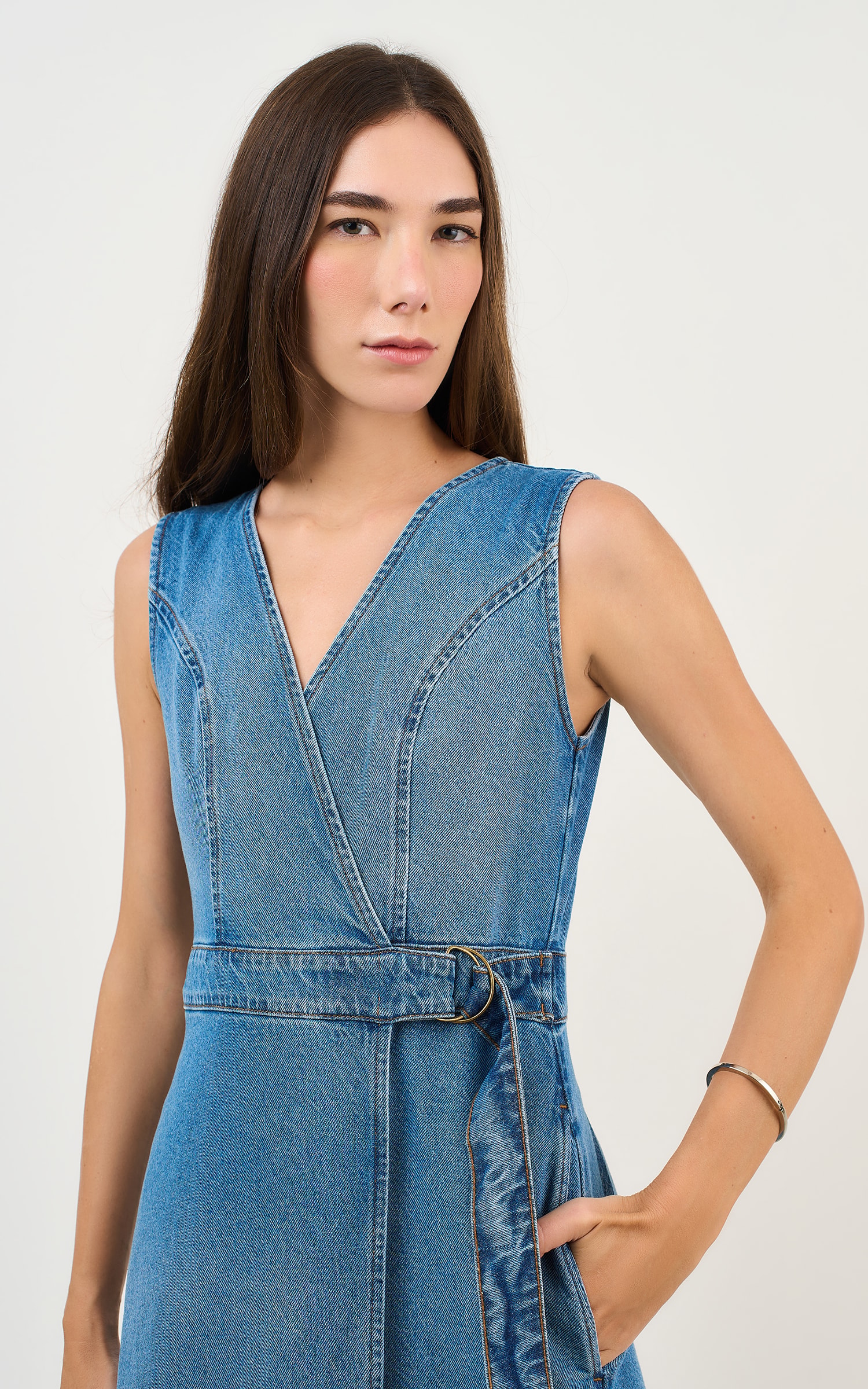 Vestido Midi Jeans Transpassado Jeans Medio