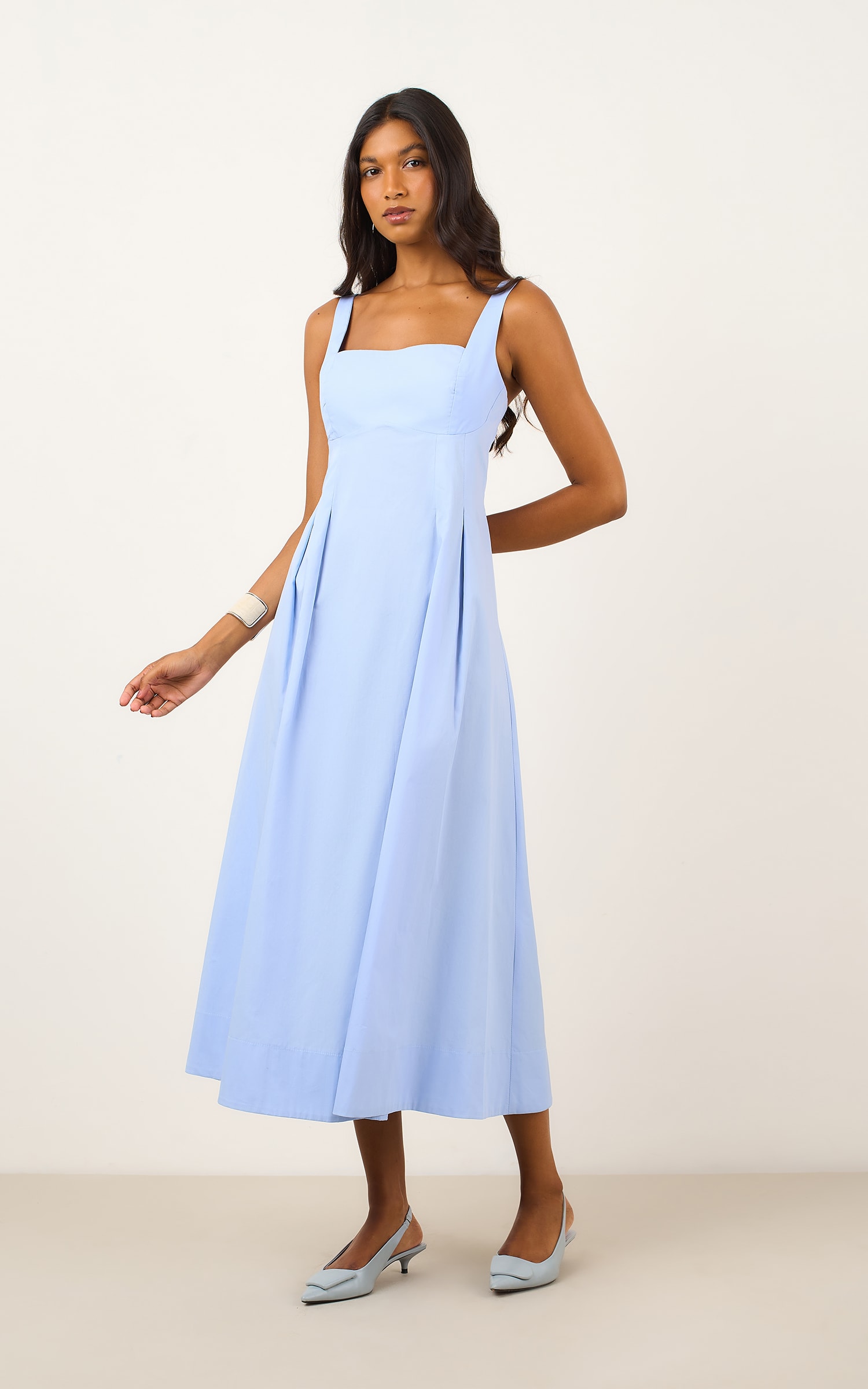 Vestido Midi Pregas Azul Fresh