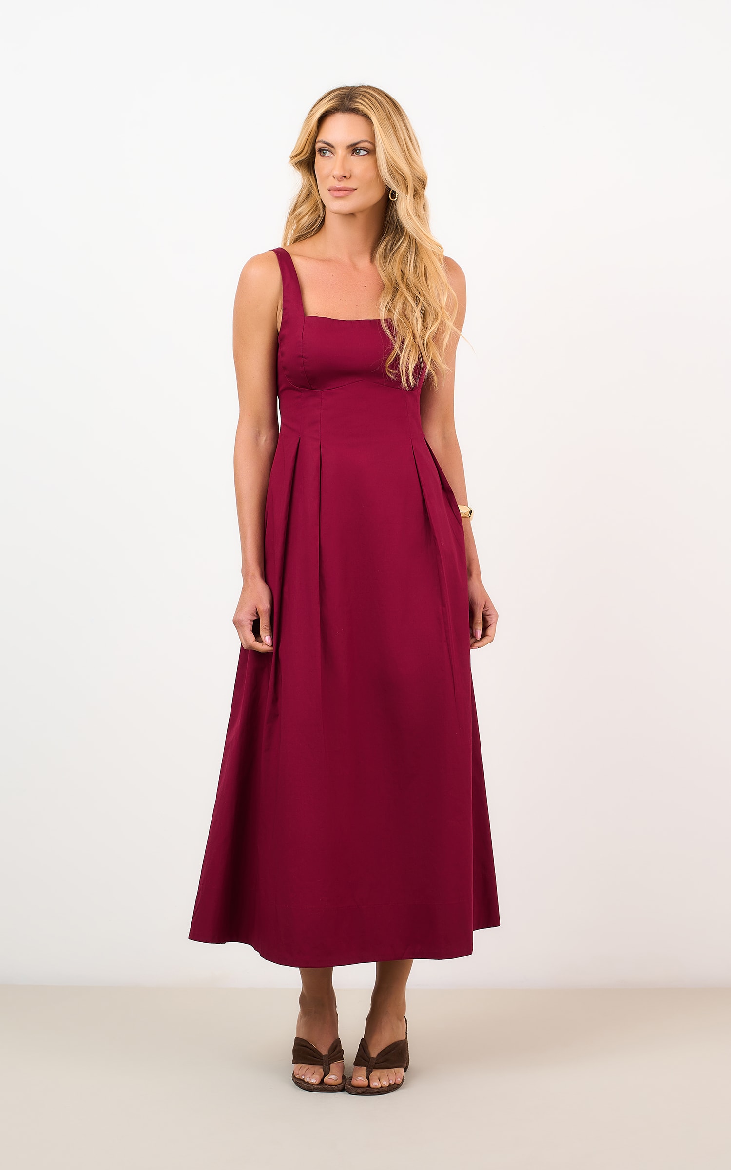 Vestido Midi Pregas Burgundy