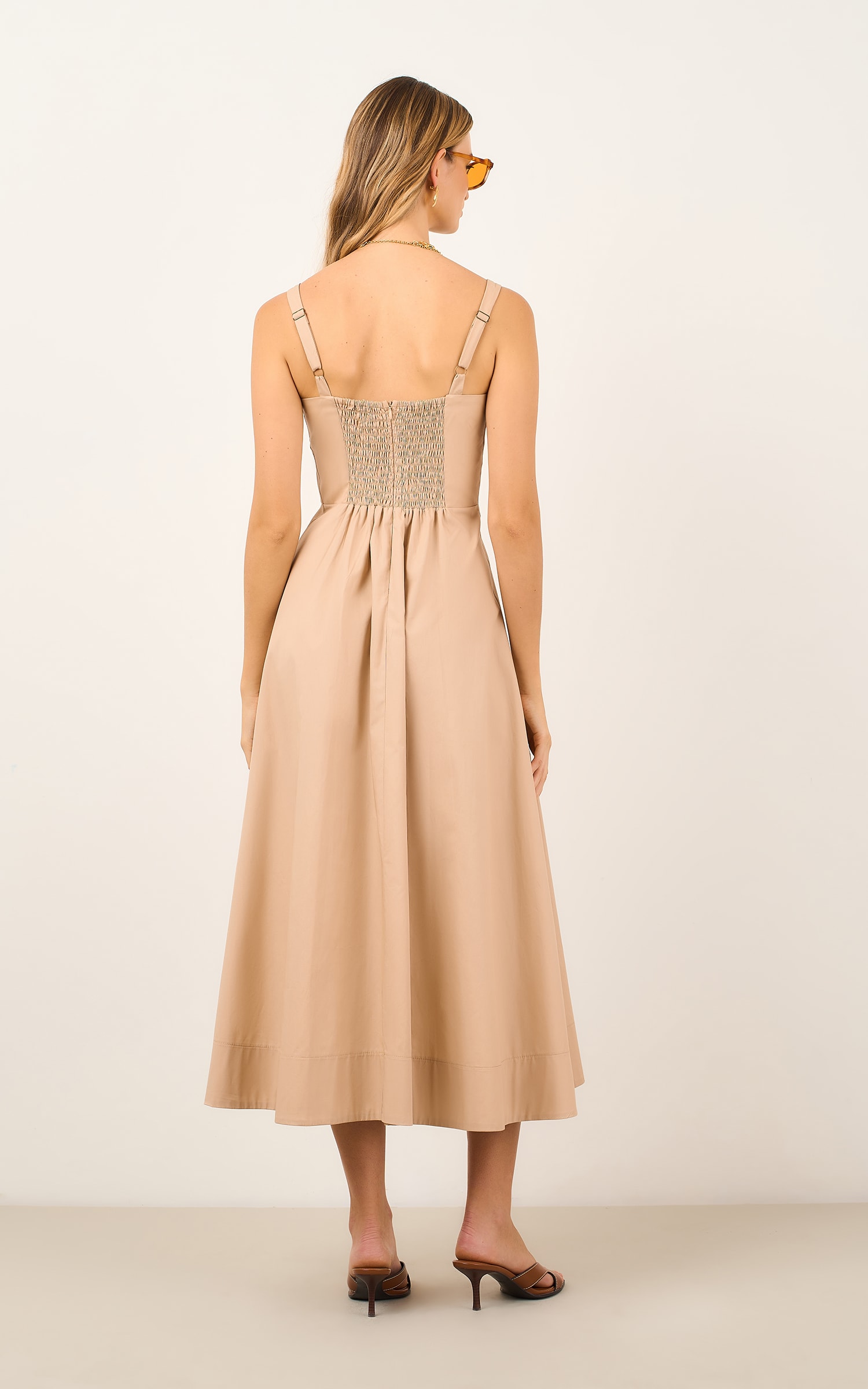 Vestido Midi Pregas Caqui