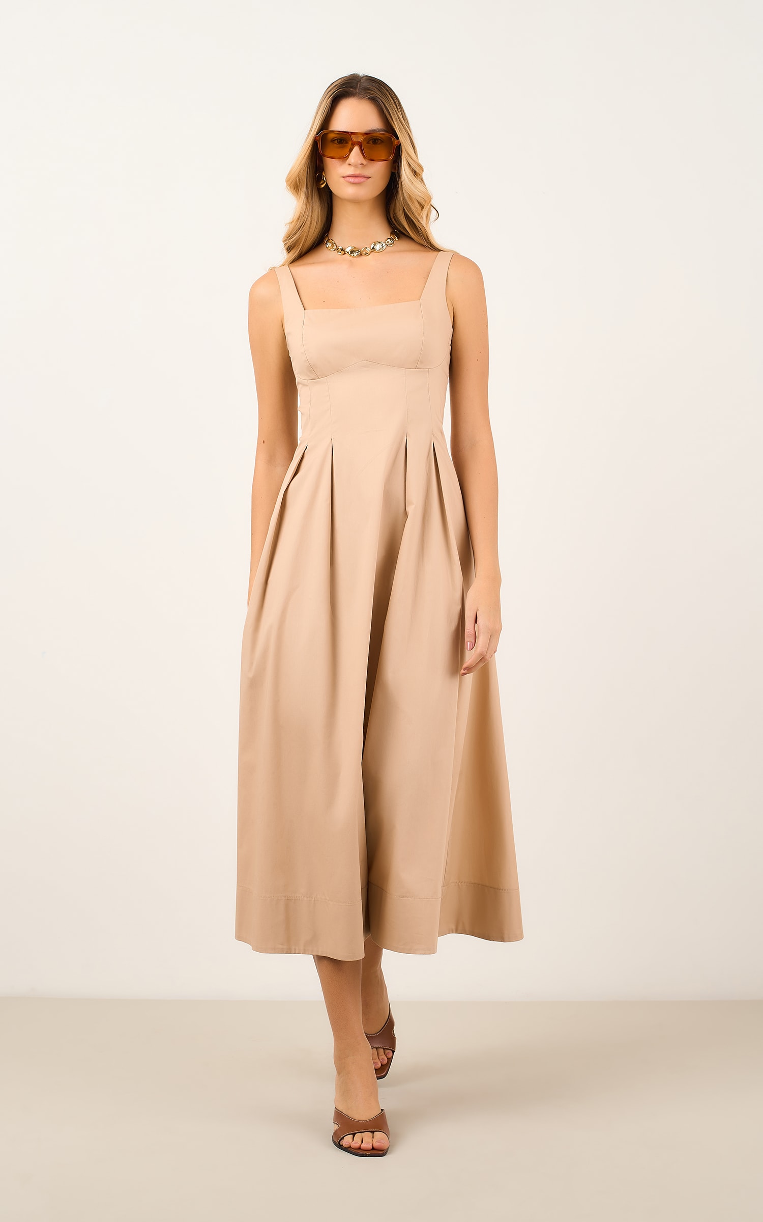 Vestido Midi Pregas Caqui