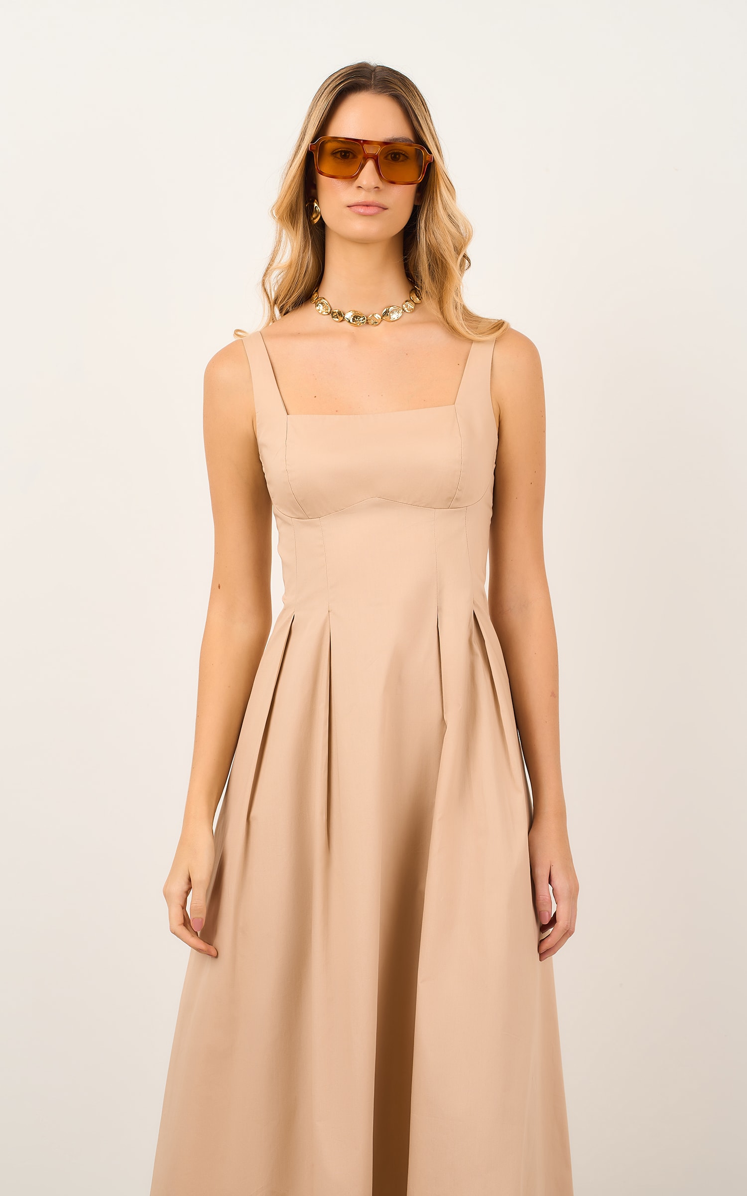 Vestido Midi Pregas Caqui