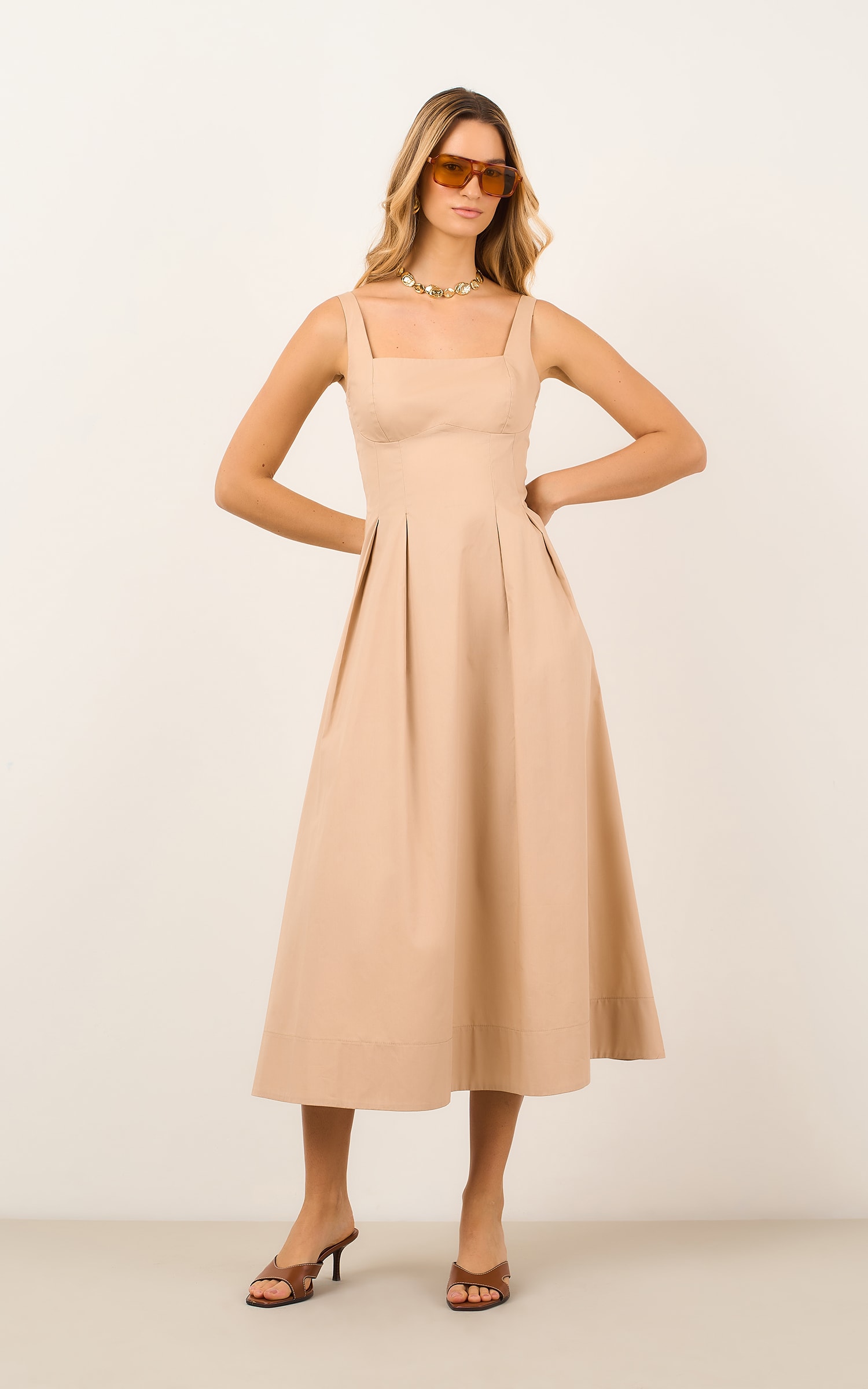 Vestido Midi Pregas Caqui