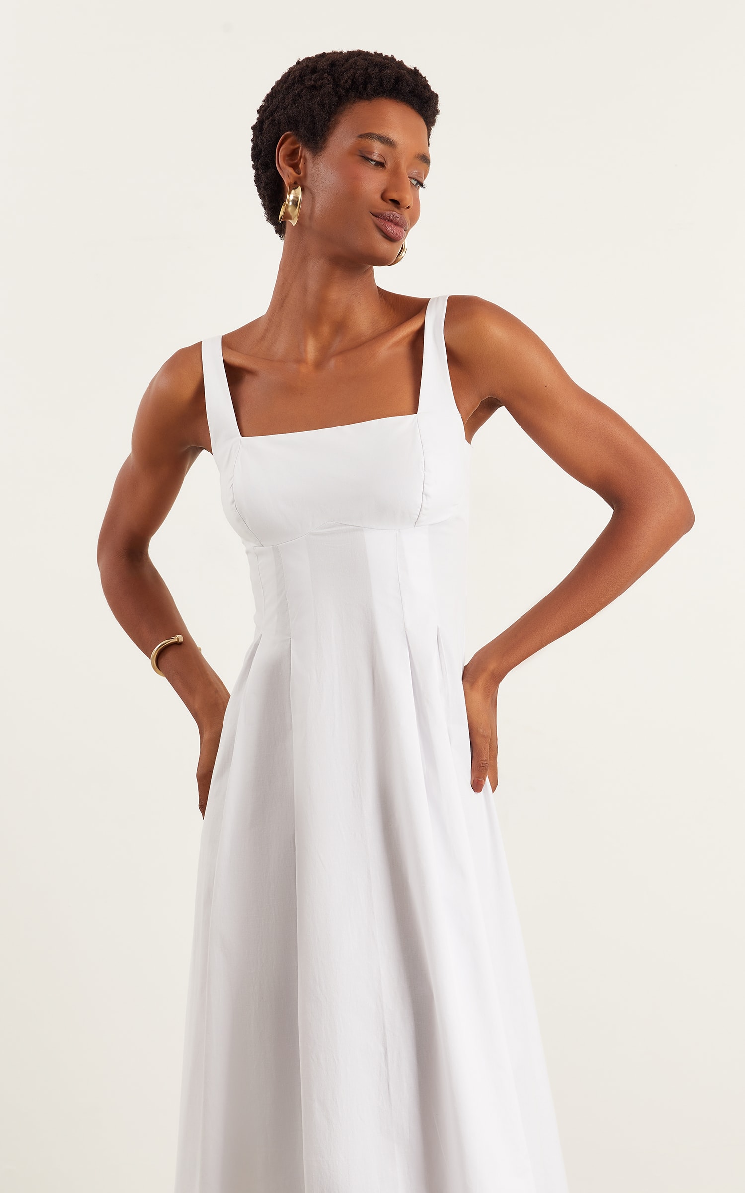 Vestido Midi Pregas Off White