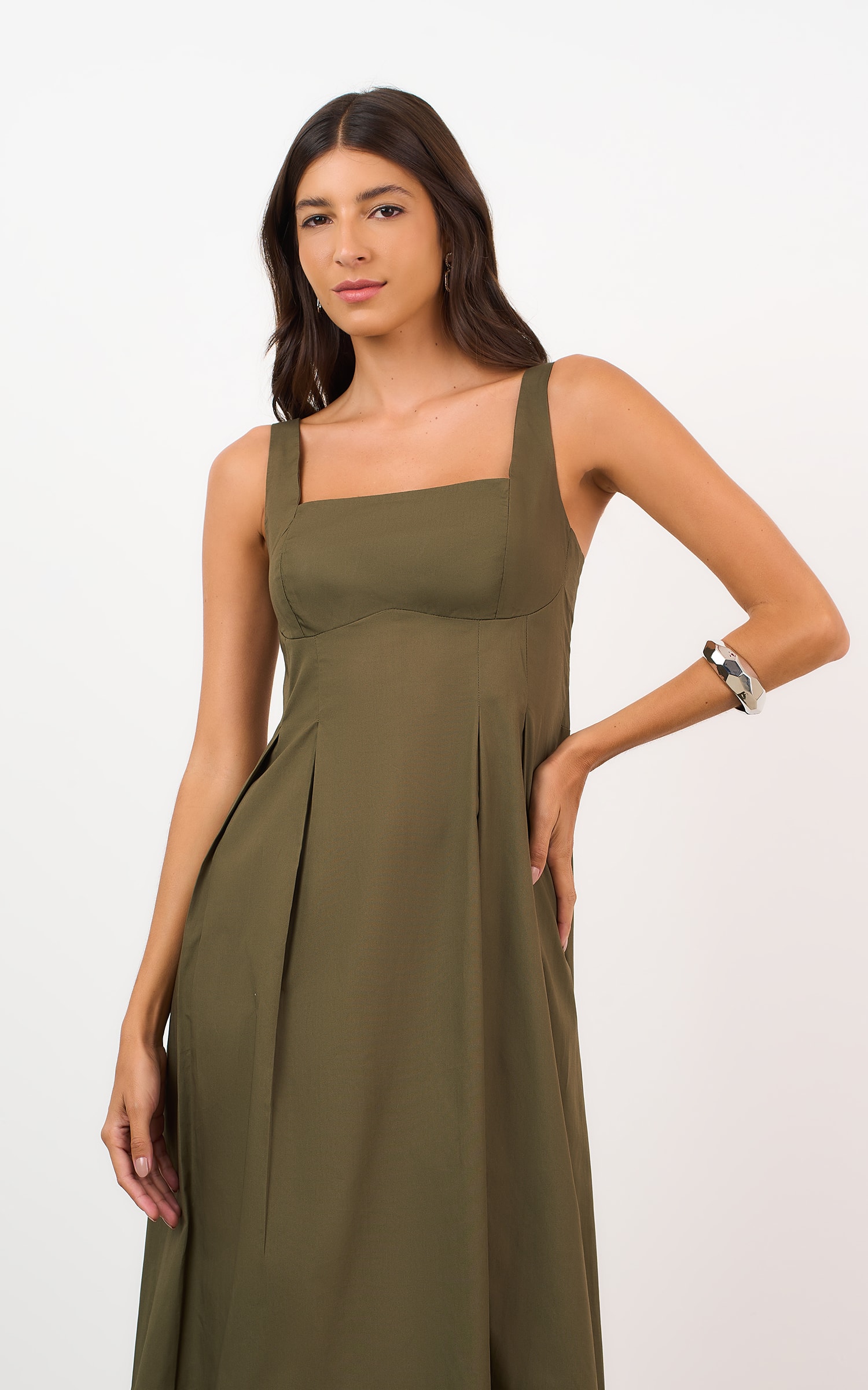 Vestido Midi Pregas Verde Militar