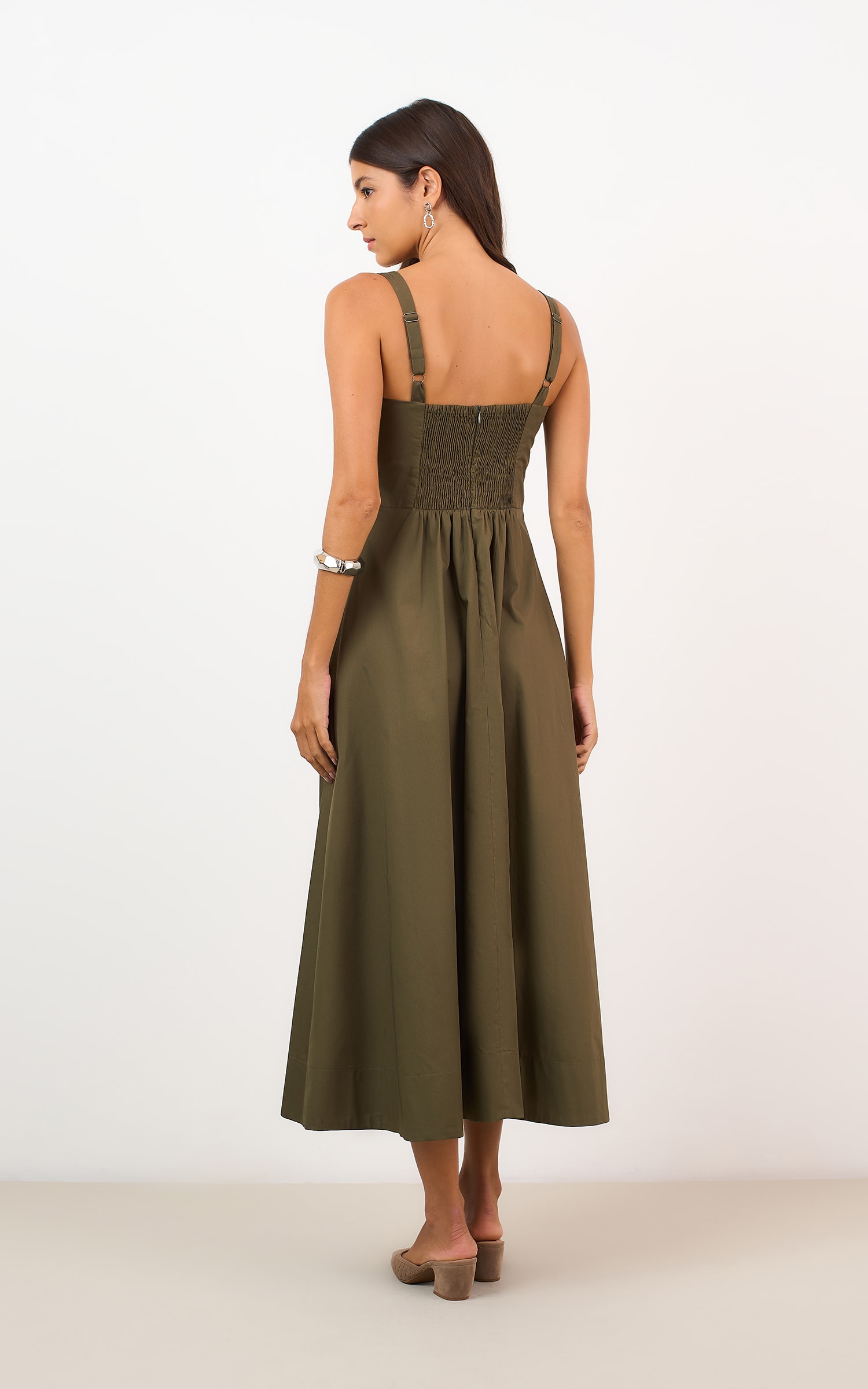 Vestido Midi Pregas Verde Militar