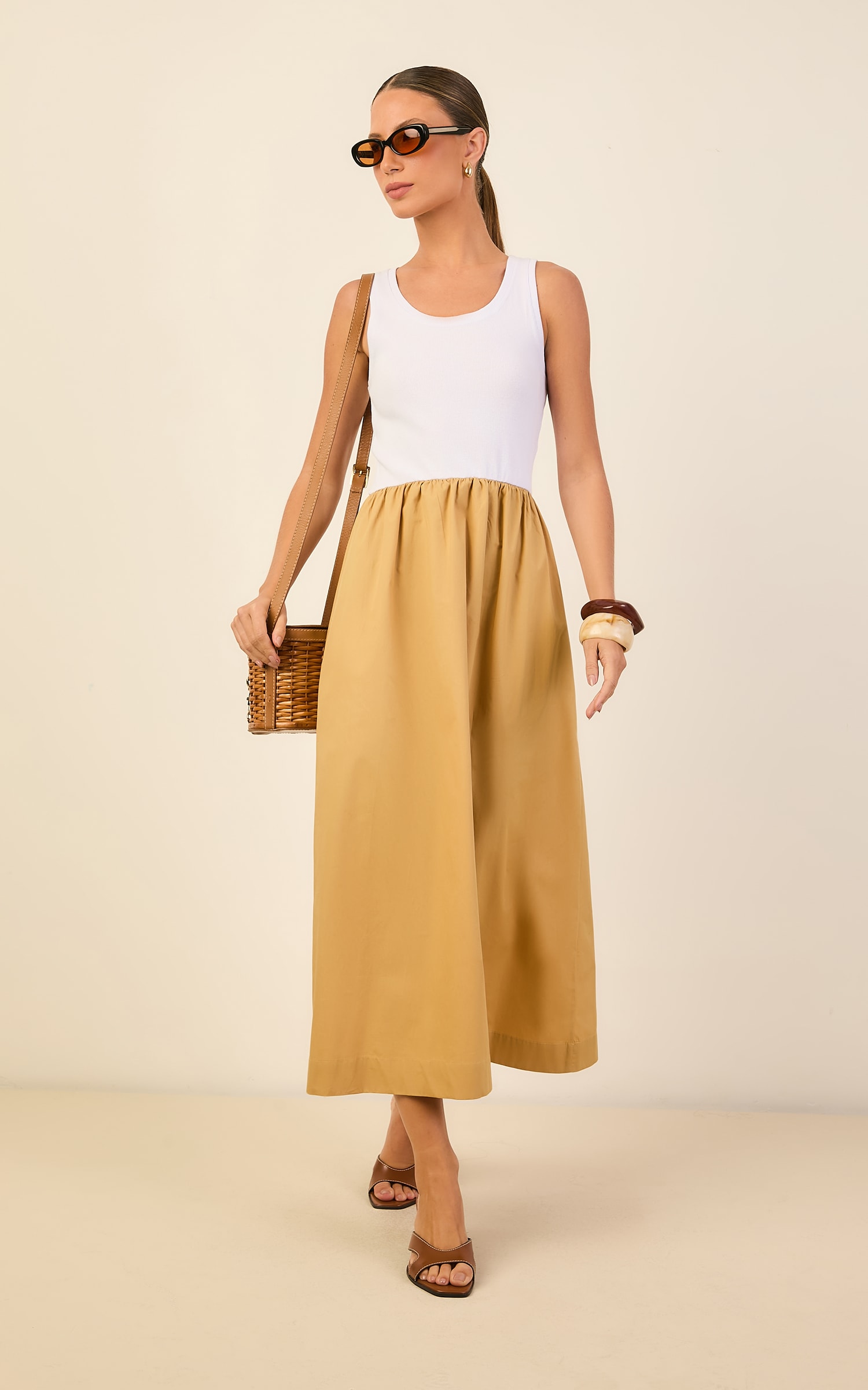 Vestido Rib Tricoline Branco/Caqui